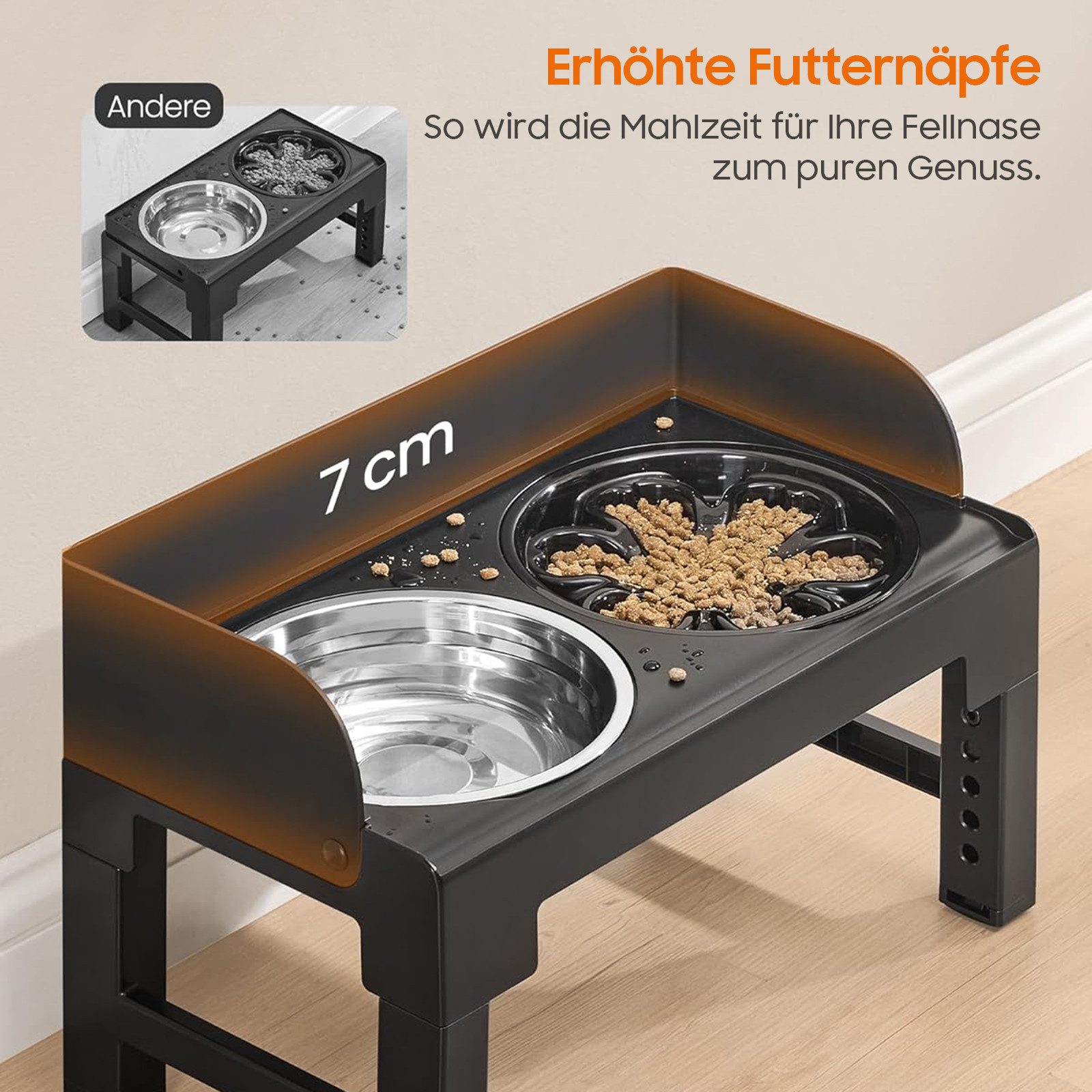 SURFOU Futterstation Hundenapf erhöht, 6-fach höhenverstellbar & neigbar, inkl. 2 Näpfe, Edelstahl Napf + Anti Schling Napf,rutschfeste Futterstation für Hunde