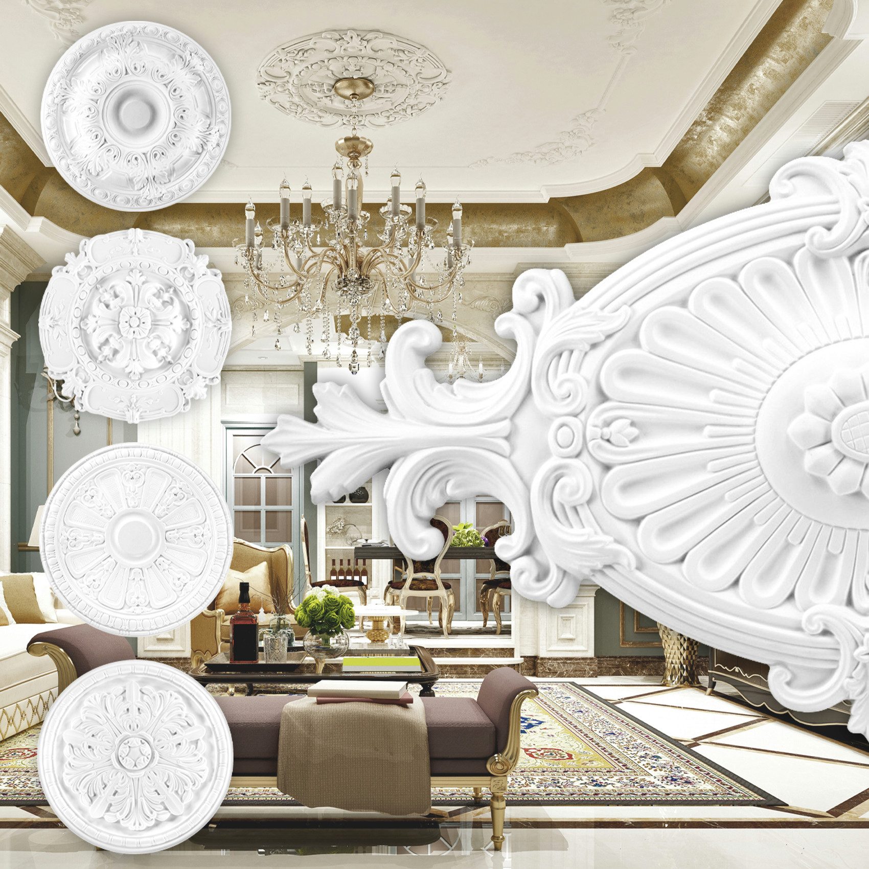 Grand Decor Decken-Rosette (Stuckrosette aus PU hartschaum, weiß, Zierelement, Stuck, Dekorbau Wand Deckenstuck Lampe Wandstuck Oval)