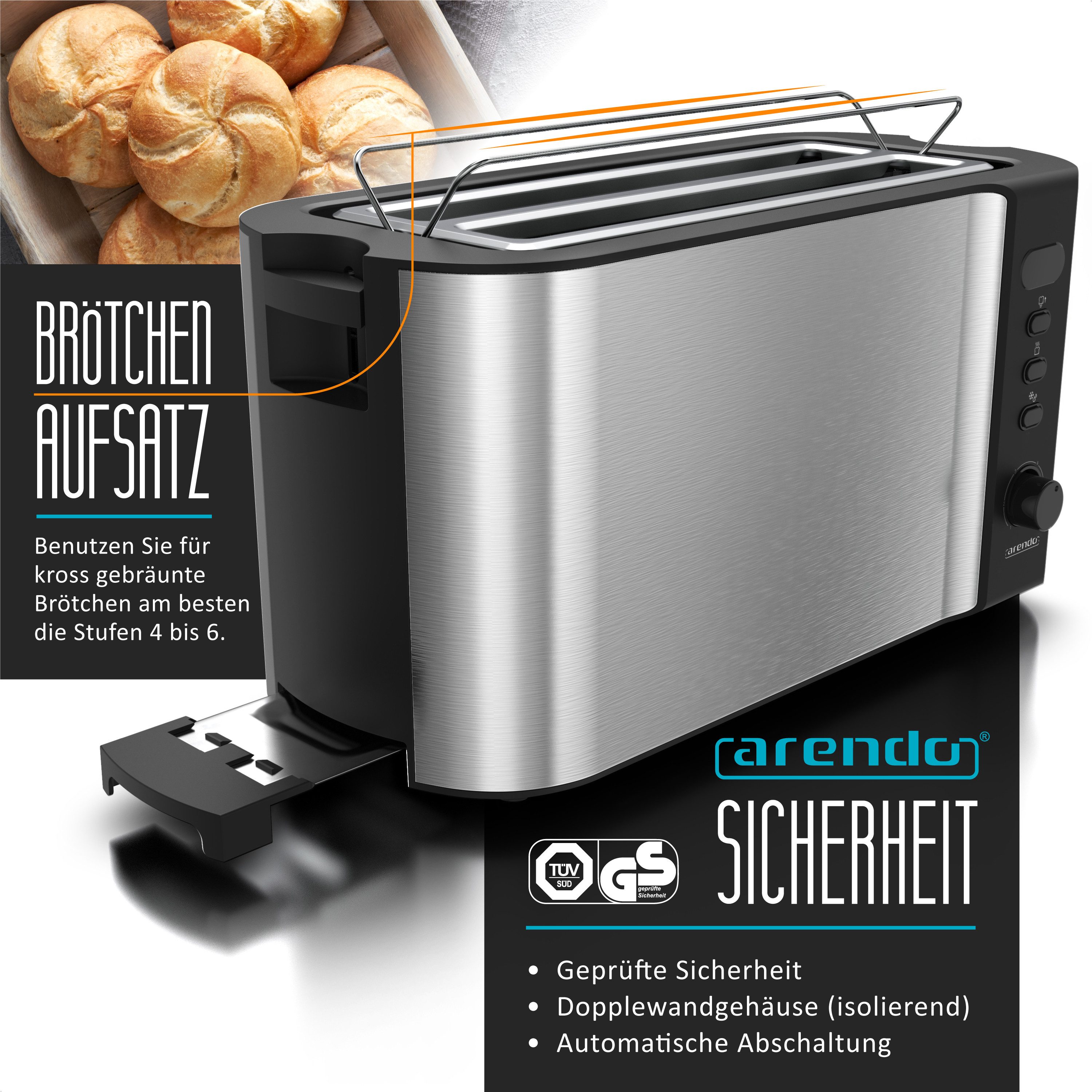 Arendo Toaster Edelstahl, Langschlitz, Display mit Restzeitanzeige, Krümelschublade, 2 lange Schlitze, für 4 Scheiben, 1500 W, Defrost Funktion, Wärmeisolierendes Gehäuse, mit Brötchenaufsatz