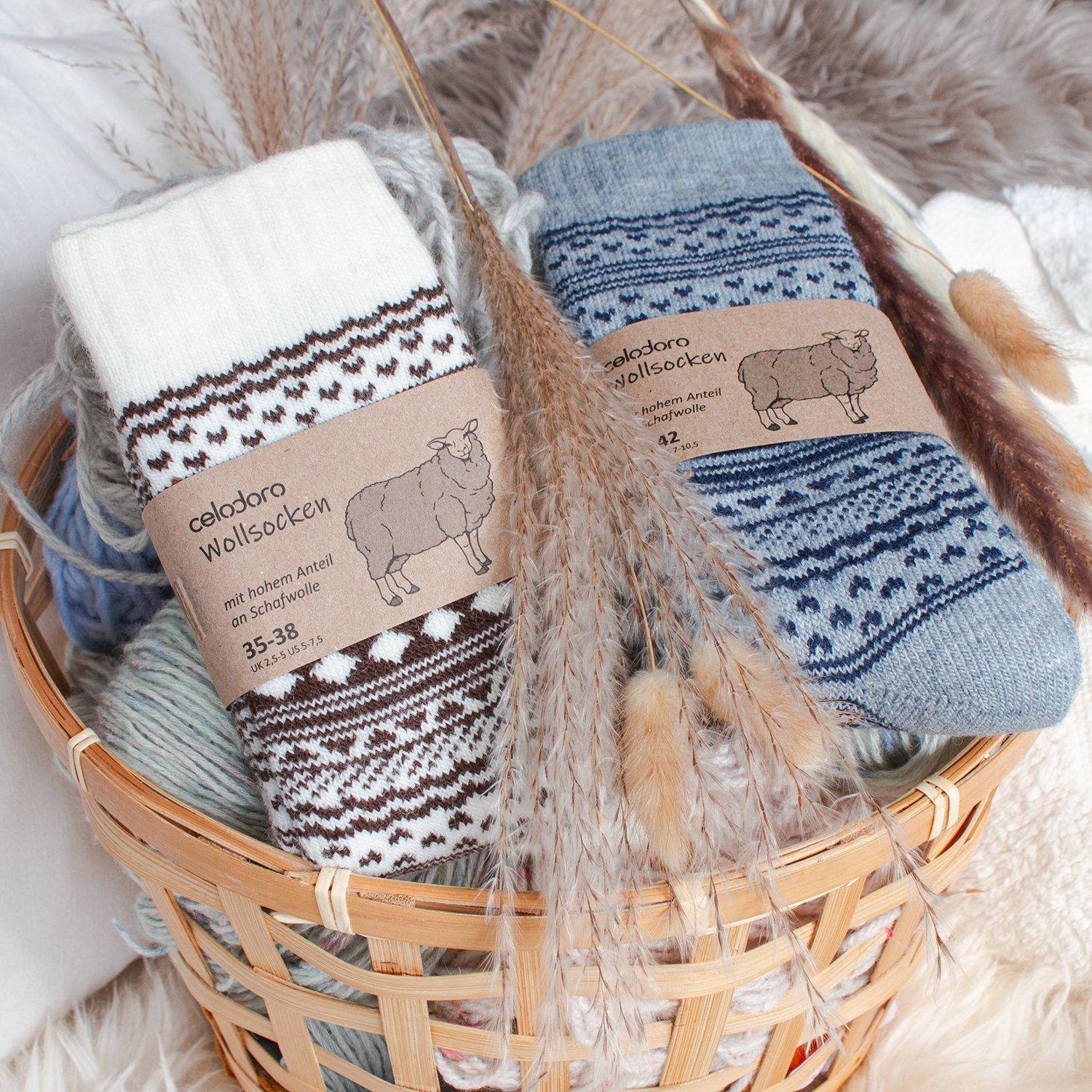 celodoro Thermosocken Damen & Herren Frottee-Wollsocken mit Muster