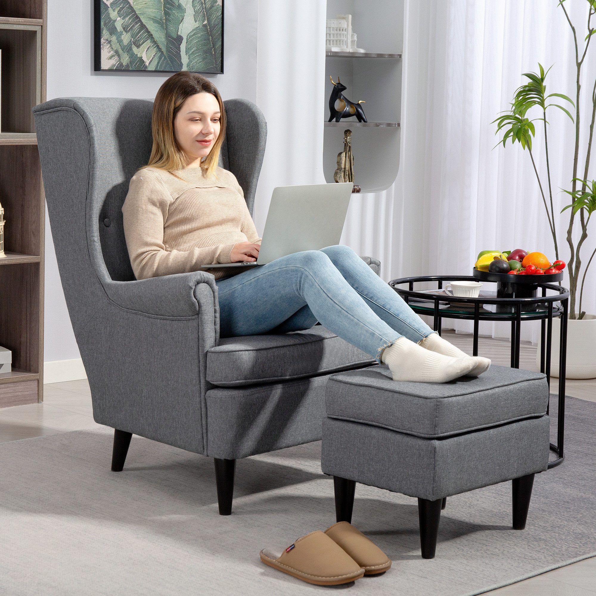 HOMCOM Relaxsessel Ohrensessel, Sessel mit Leinenoptik, Lendenkissen, Loungesessel (Polstersessel mit hoher Rückenlehne aus Stoff, 2-St., TV-Sessel für Schlafzimmer, Wohnzimmer), 83 x 75 x 104 cm, Grau