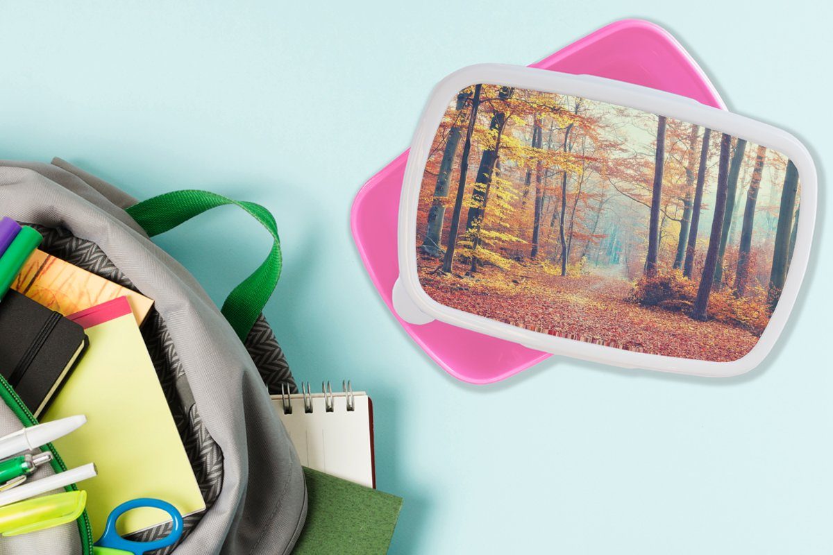 Wald rosa Kinder, Laub, MuchoWow Snackbox, Lunchbox für Mädchen, Brotdose Brotbox (2-tlg), Erwachsene, Kunststoff Kunststoff, - - Herbst