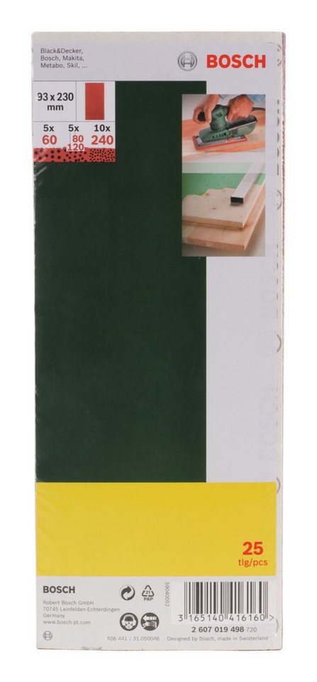 Thumbnail - BOSCH Schleifpapier, (25 Teile), Set ungelocht für Schwingschleifer K60 - 240 - 93 x 230 mm, 25-teilig