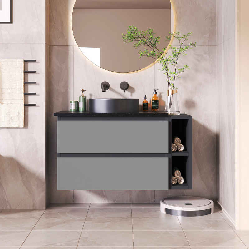 HIYORI Waschbeckenunterschrank Waschbeckenunterschrank hängend 80cm breit mit Keramikwaschbecken mit Schubladen modernes Design