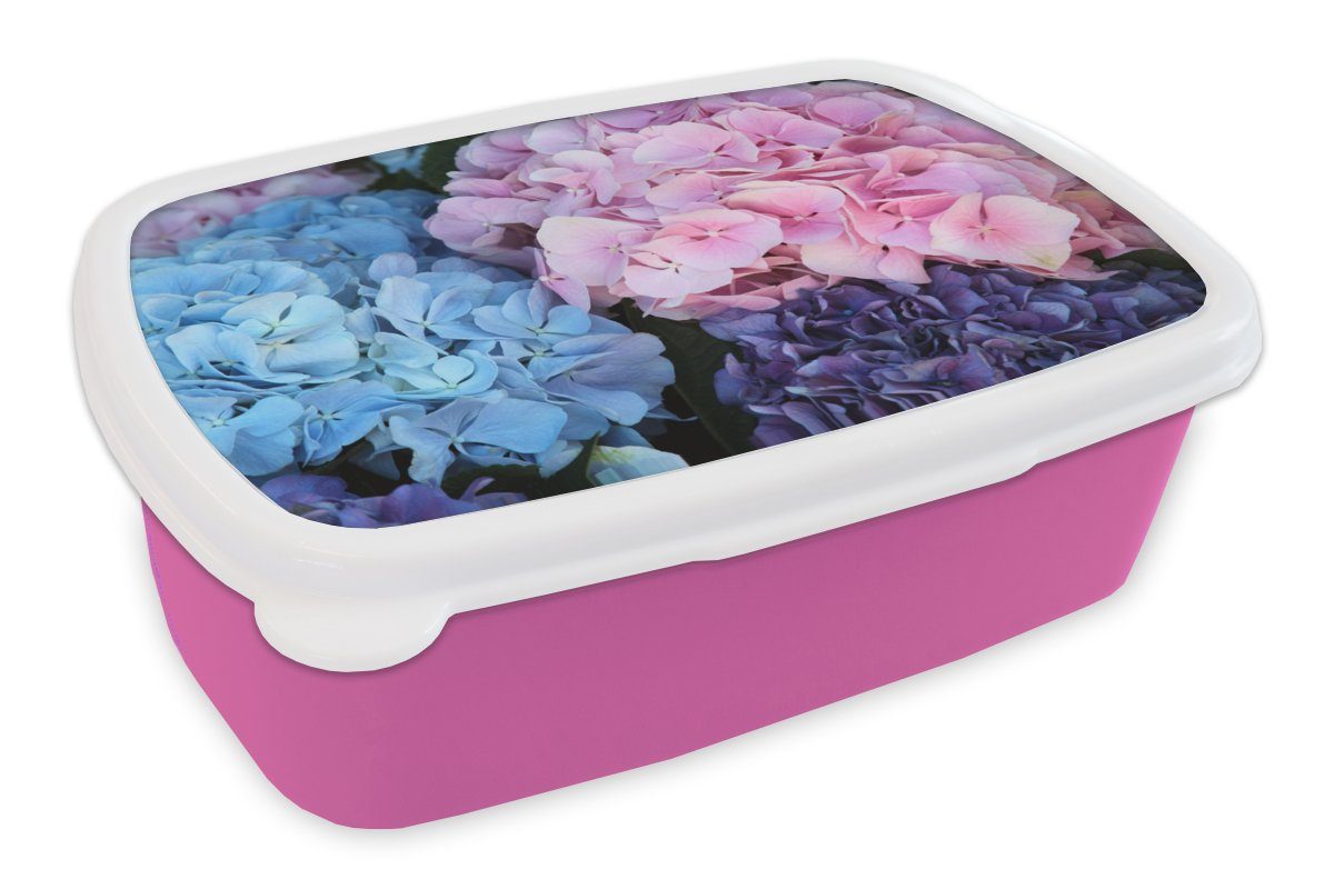 MuchoWow Lunchbox Blumen - Strauch - Hortensie - Botanisch, Kunststoff, (2-tlg), Brotbox für Erwachsene, Brotdose Kinder, Snackbox, Mädchen, Kunststoff rosa