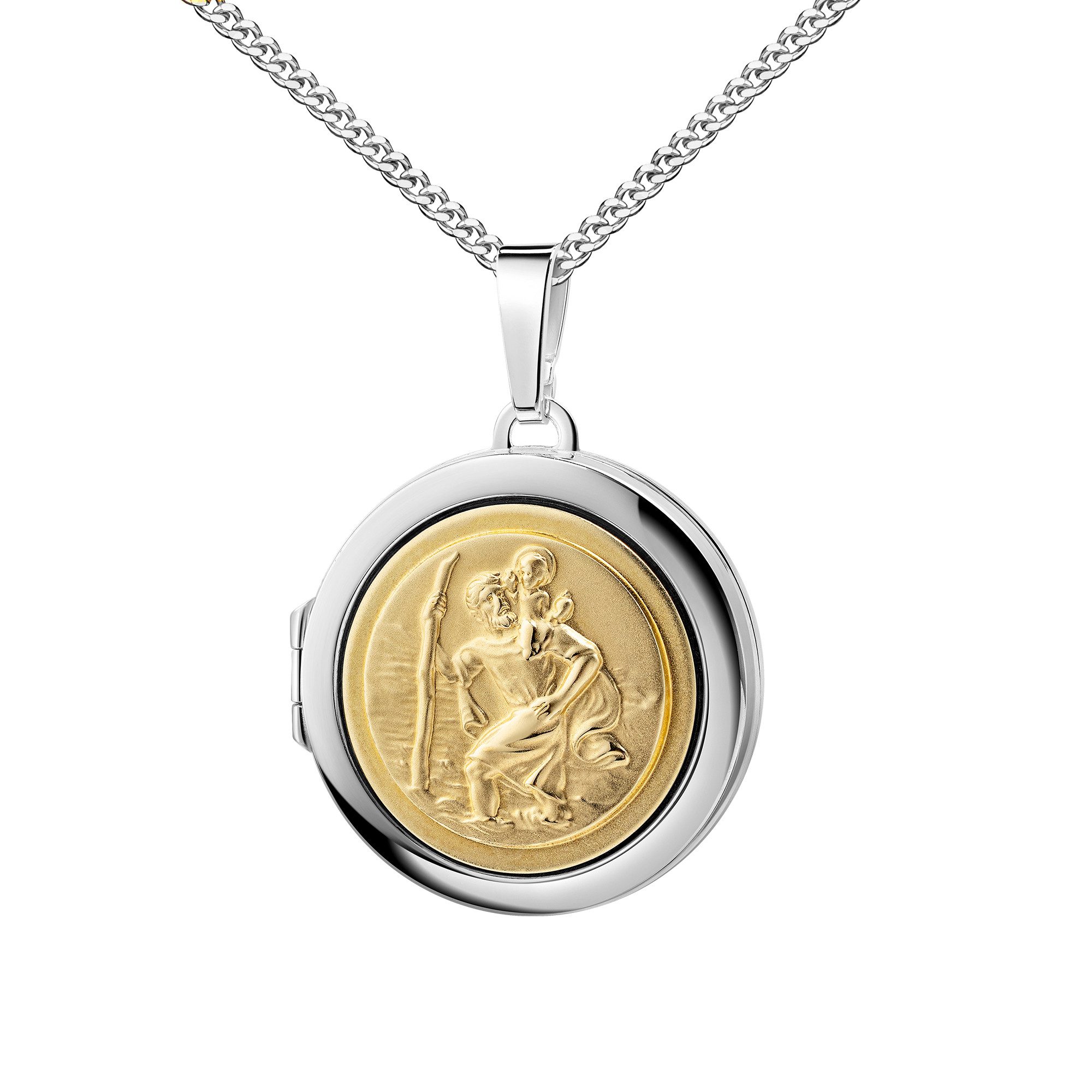 JEVELION Amulett Christophorus-Schutz-Medaillon 925 Silber-Bicolor als Lebenswächter (Bilder Medaillon, für Damen und Herren), Mit Panzerkette Sterlingsilber - Länge wählbar 36 - 70 cm