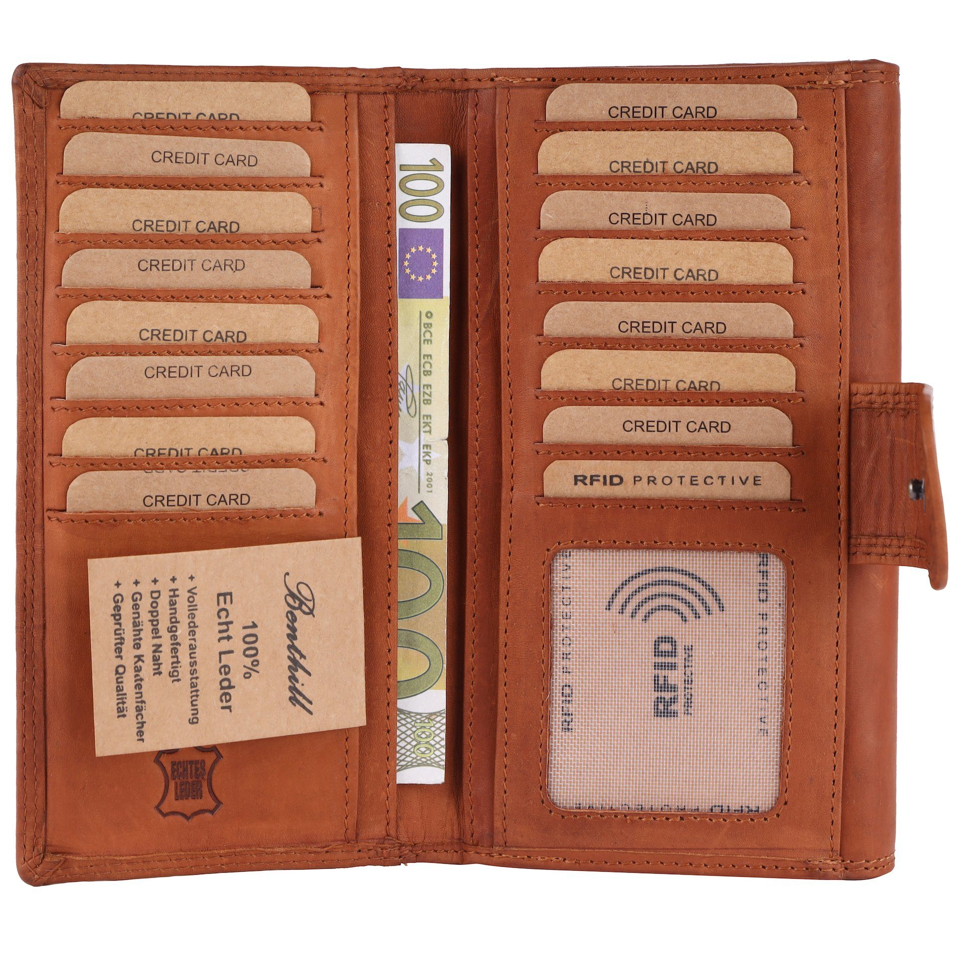 Geldbörse Braun Vintage Kartenfächer Echt XXL Reißverschlussfach Geldbeutel RFID-Schutz Benthill Portemonnaie Gross, RFID Damen Münzfach Leder