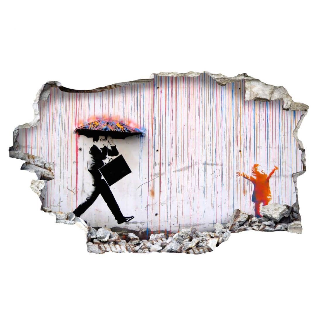 Wandtattoo Graffiti Art bunt K&L Rain, Banksy Mauerdurchbruch Aufkleber Wall selbstklebend Colored 3D Straßenkunst Wandbild Wandtattoo