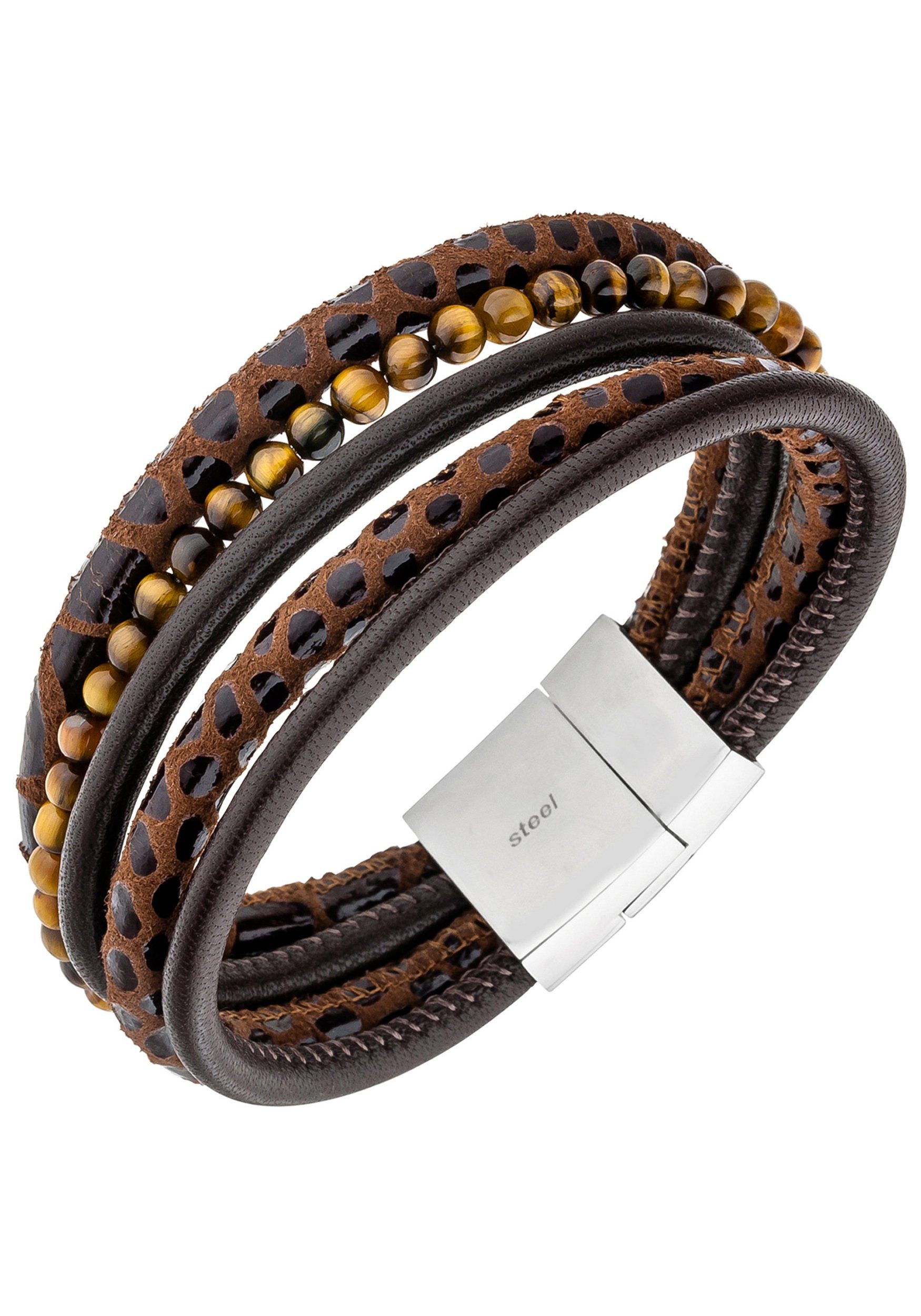 JOBO Lederarmband, 5-reihig Leder und Edelstahl mit Tigerauge