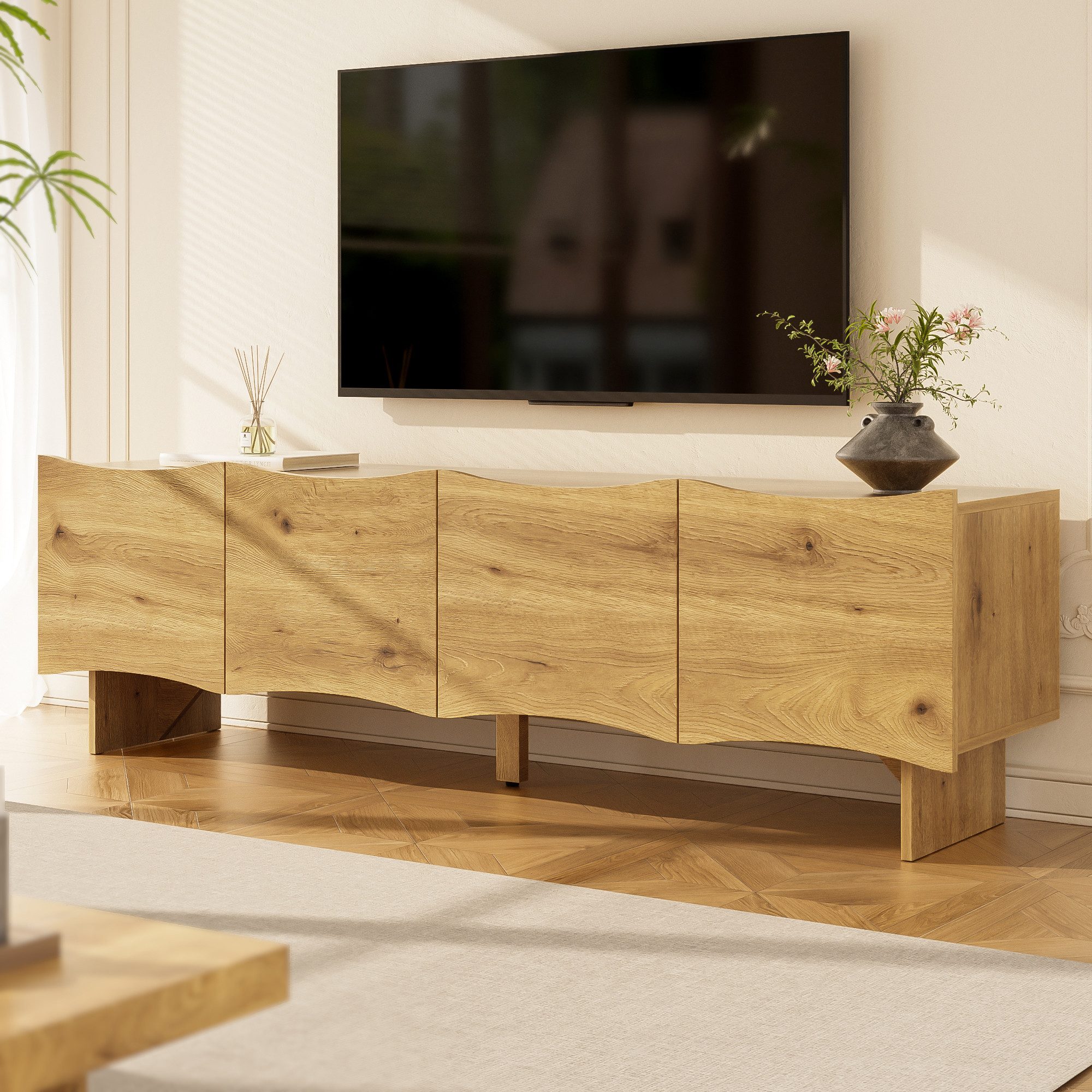Merax Lowboard in Holzoptik mit Wellenmuster (1 St), TV-Schrank mit 4 Türen & Stauraum, Kabeldurchführungen, 155x36x47cm – Bild 3 von 5