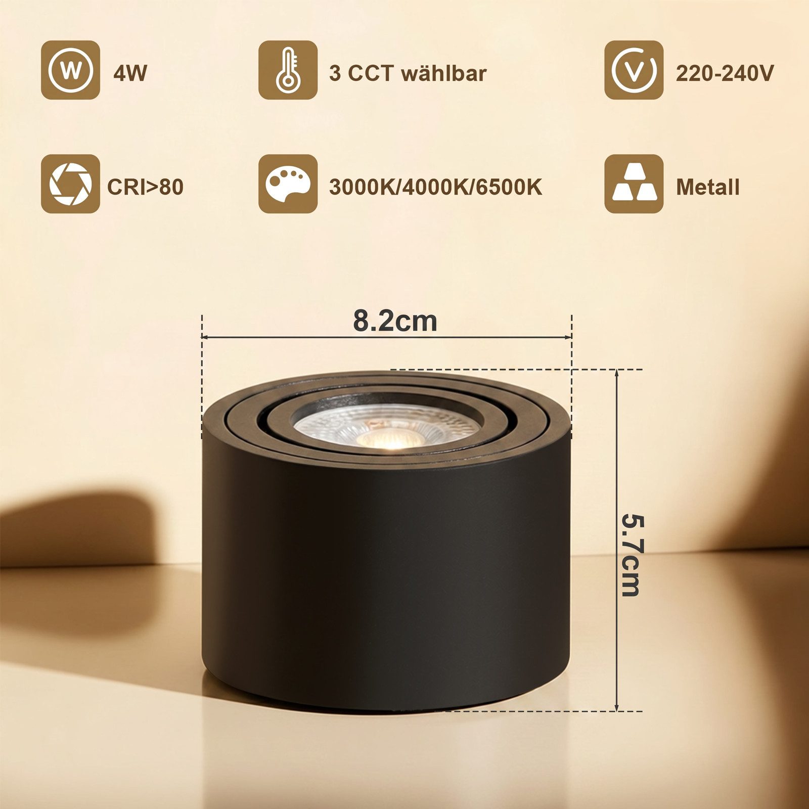 ZMH LED Einbaustrahler 4er-Set weiß 4W dimmbar schwenkbar Aufbauspot 3CCT Deckenspots, Schwenkbar, LED fest integriert, Aufputz-Deckenleuchte