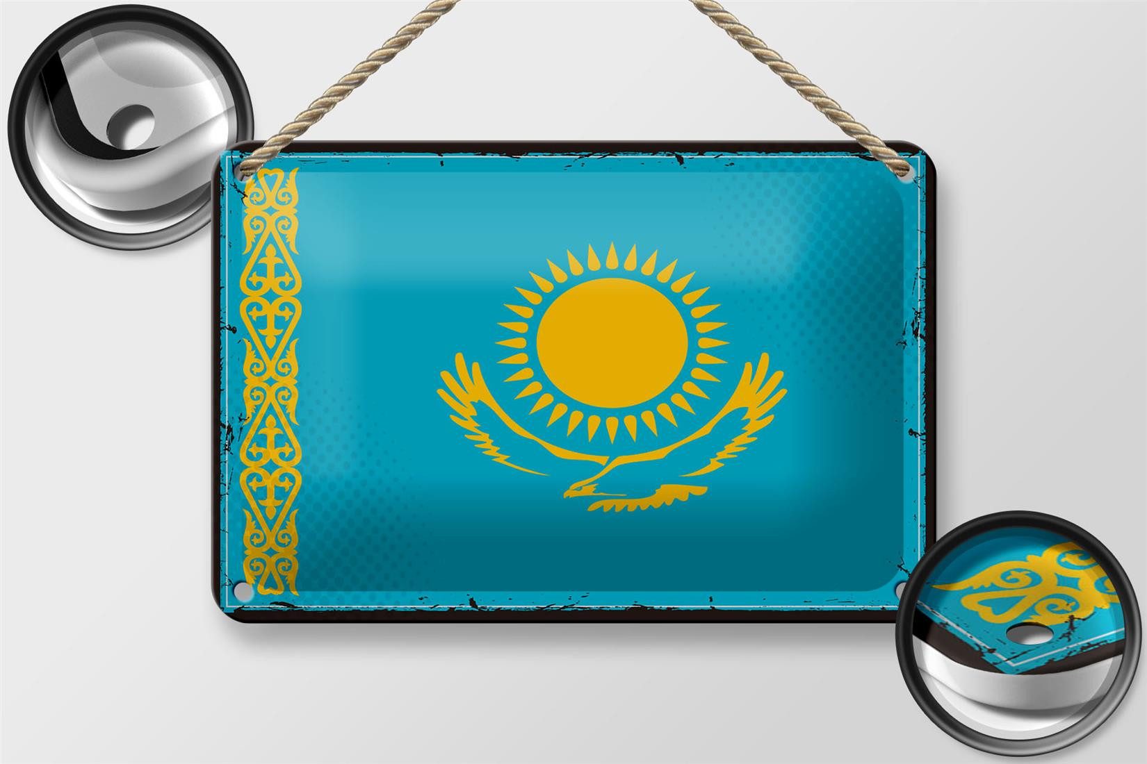Femer GmbH Metallschild Flagge Kasachstans 18x12cm Retro Kazakhstan, (1 St), gewölbte Oberfläche, abgerundete Ecken, umgeschlagene Kanten