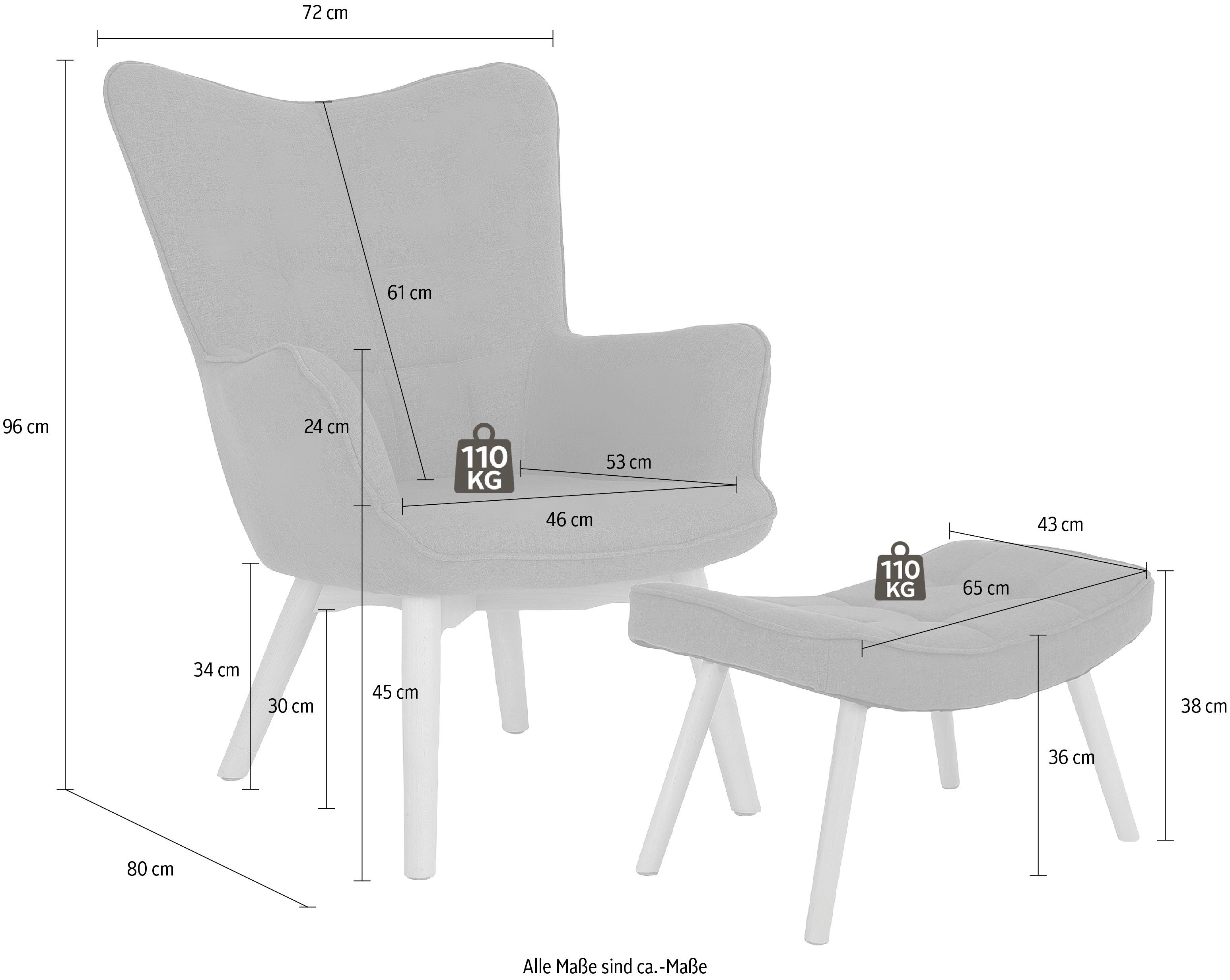 Adam, (Set, Sessel mit 2-tlg., Knopfsteppung, mit mit Hocker), Sitzgruppe wahlweise byLIVING Hocker