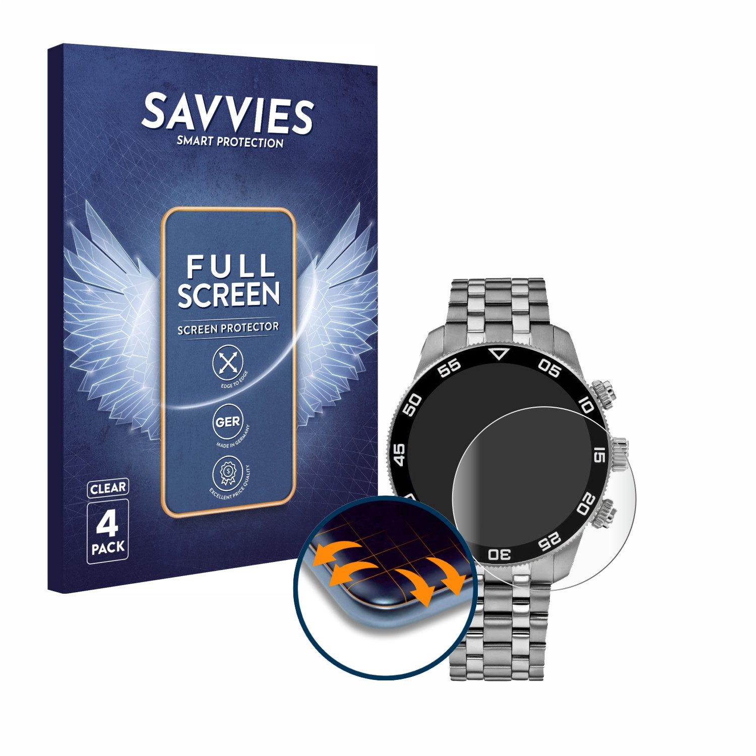 Savvies Displayschutzfolie Fullscreen Schutzfolie für Tommy Hilfiger TH85 1792156, 4 Stück, Displayschutz Folie Fullcover Klar Transparent