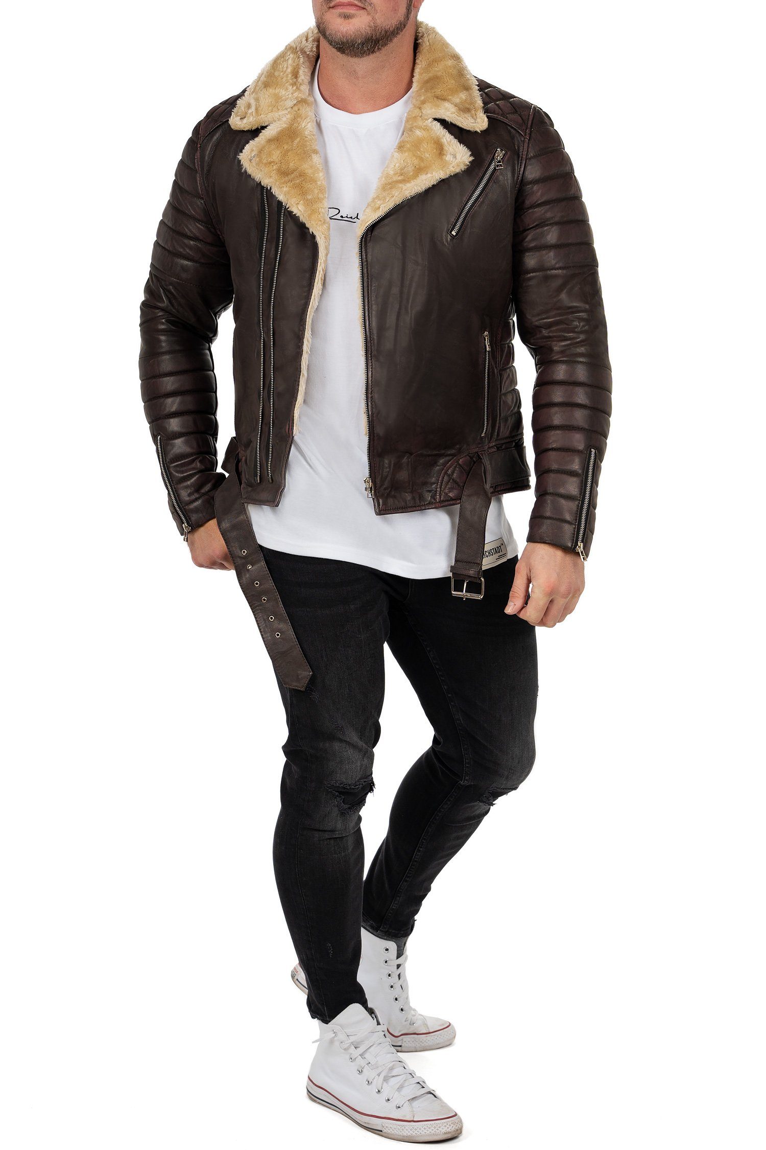 Reichstadt Bikerjacke Herren Slim Fit Kunstleder RS008PU gefüttert mit Steppmustern