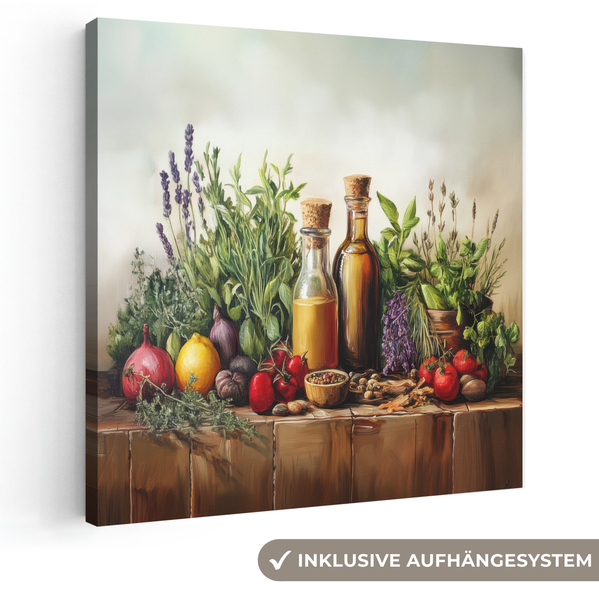 OneMillionCanvasses® Leinwandbild Stilleben - Kräuter - Gewürze - Früchte - Farbenfroh, Fotodruck (1 St), Wandbild, Deko Schlafzimmer Wohnzimmer Flur 20x20 cm