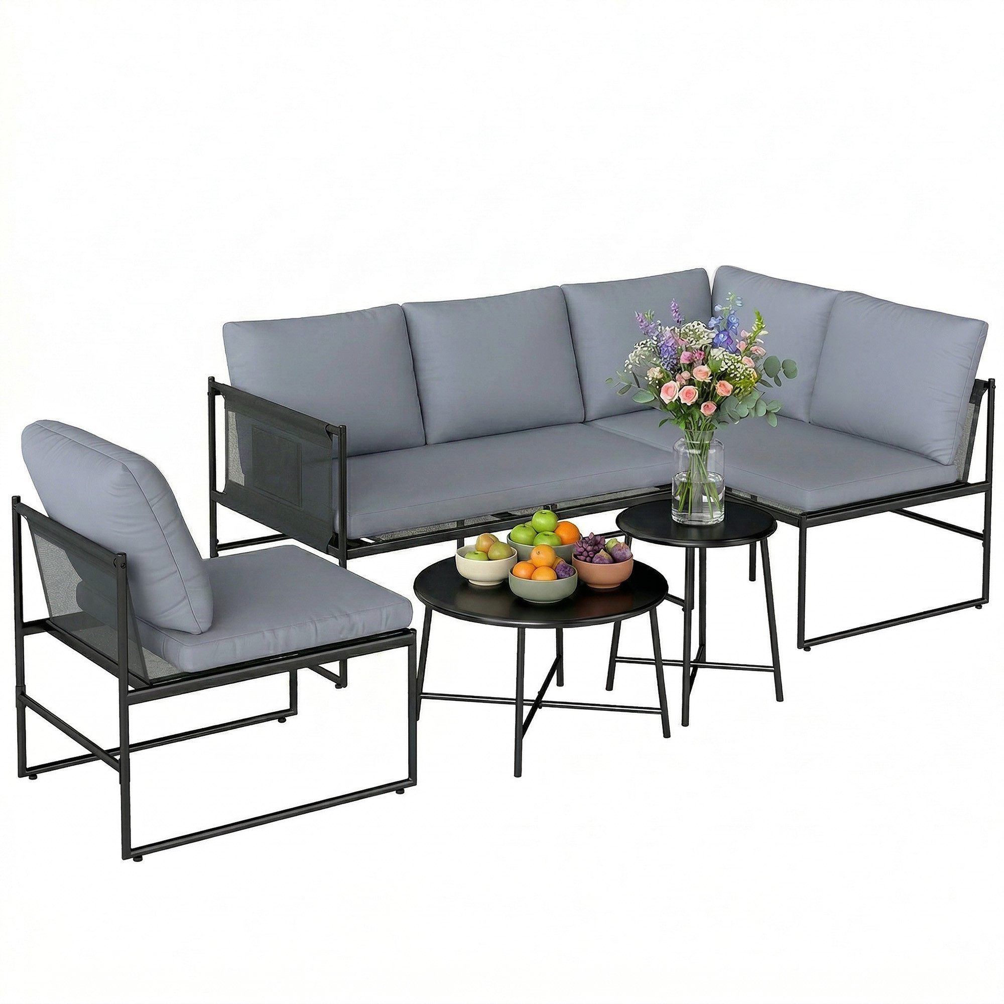 Outsunny Sitzgruppe mit 2 Sitzer Gartensofa, 2 Couchtisch, Stuhl, Kissen, Seitentasche, (Gartenlounge Set, 5-tlg., Lounge Gartenmöbel Set), Dunkelgrau