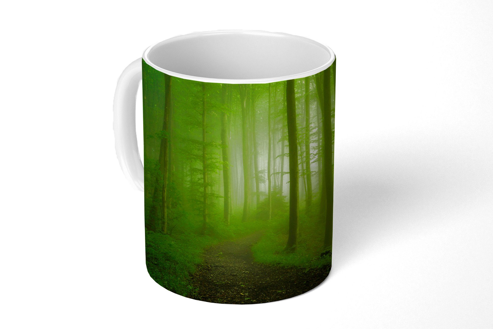 MuchoWow Tasse Waldweg - Bäume - Grün - Wald - Neblig - Natur - Pflanzen, Keramik, Kaffeetassen, Teetasse, Becher, Teetasse, Geschenk