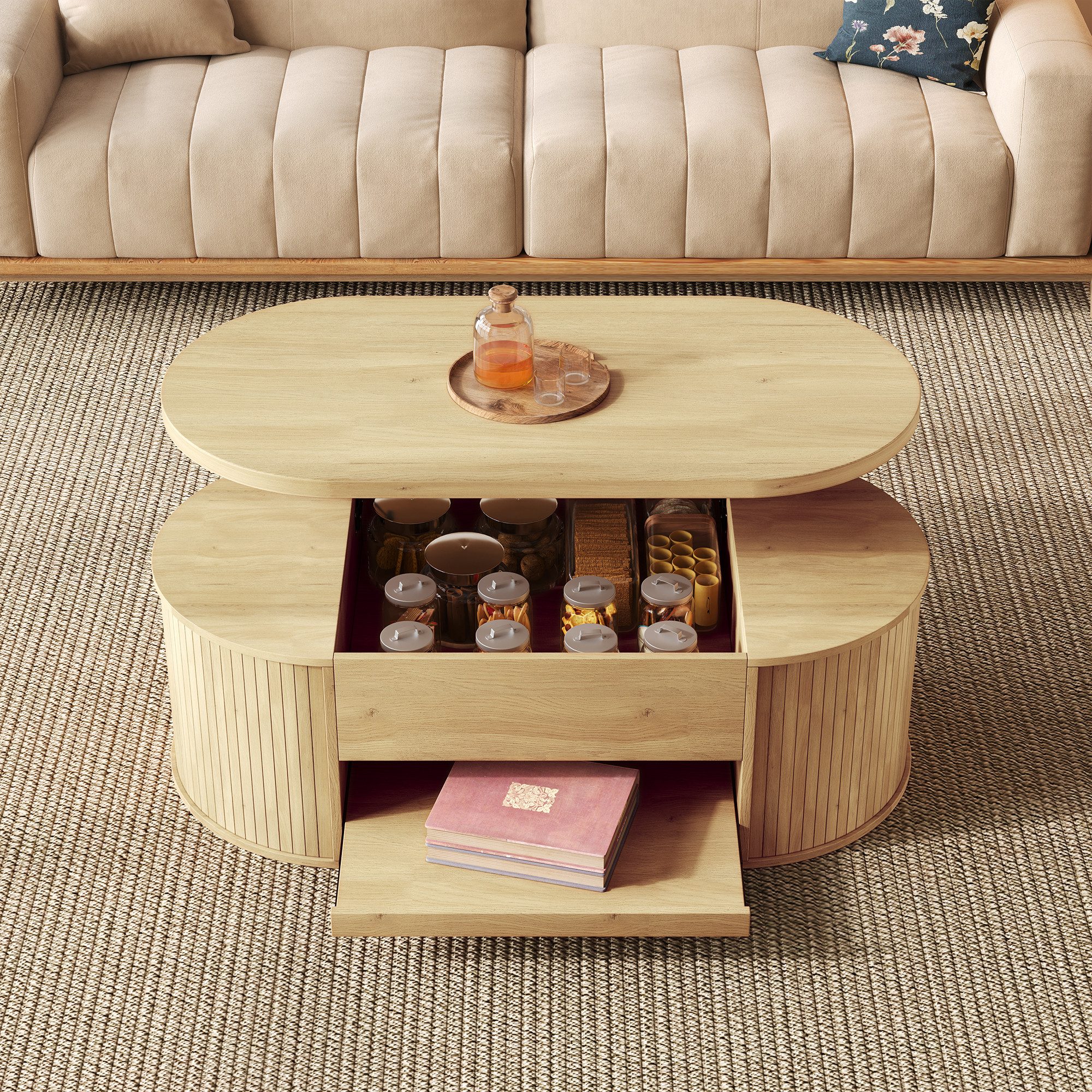 Merax Couchtisch höhenverstellbar Sofatisch Beistelltisch mit gebogenen Holzseiten (1-St., 110x55,5x40 cm), Wohnzimmertisch mit ausziehbaren Regalen und verstecktem Stauraum