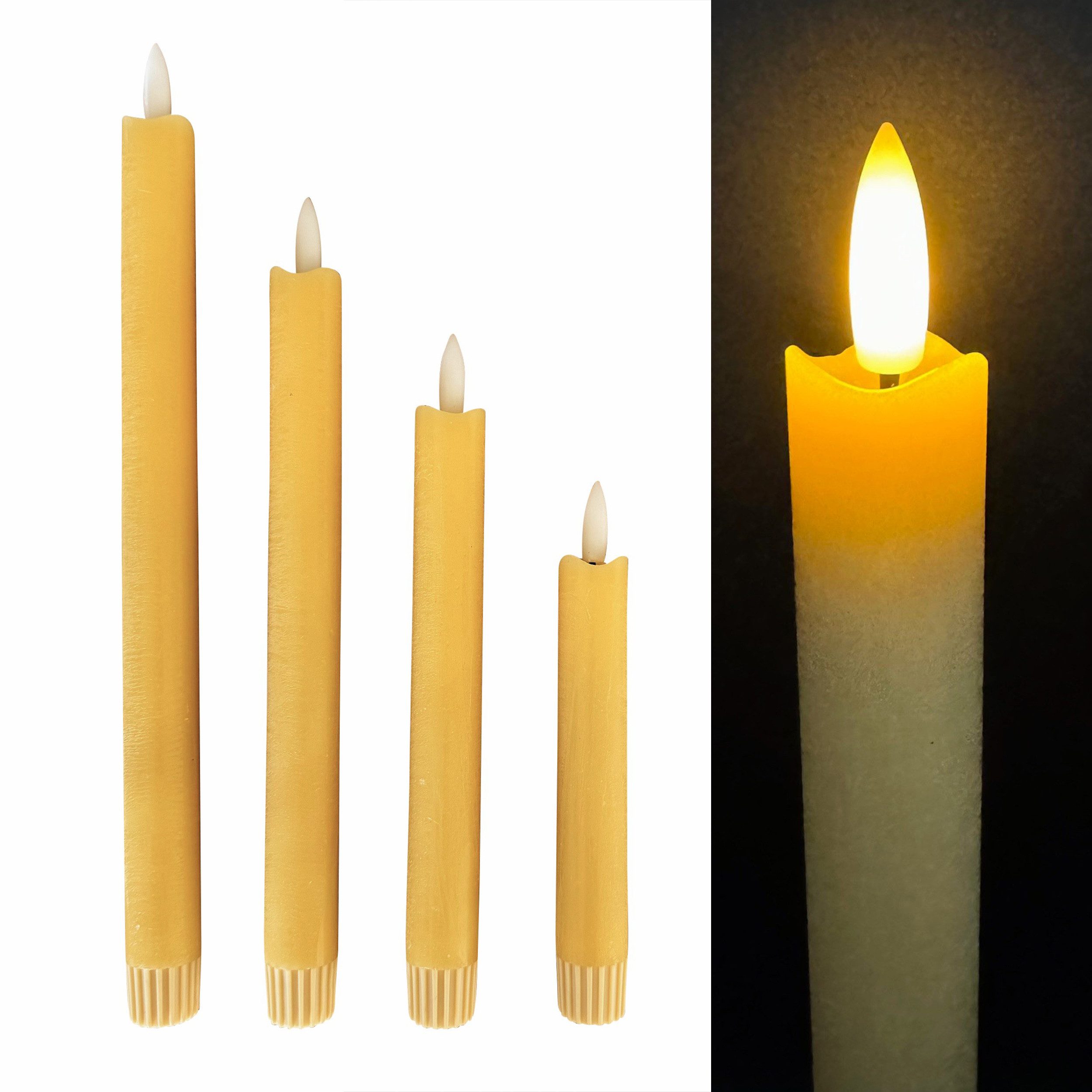 Online-Fuchs LED-Kerze 4 LED Stabkerzen in unterschiedlichen Höhen (Creme, Hellgrün, Gelb, Lachsrosa -, aus Echtwachs), 6-Stunden-Timerfunktion