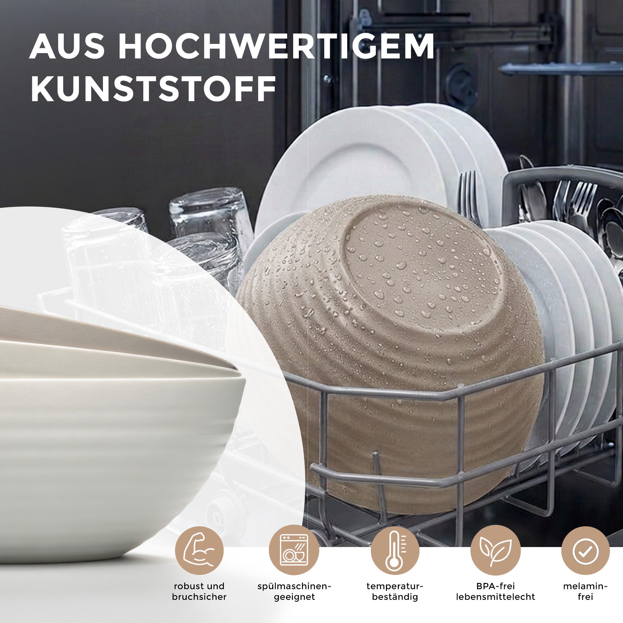 Hausfelder Servierschüssel Schüssel Set 6 x 3,3 Liter (Beige), Kunststoff, (6er Set, 6-tlg), spülmaschinengeeignet, BPA-frei, bruchfest, Wellen-Design – Bild 3 von 5