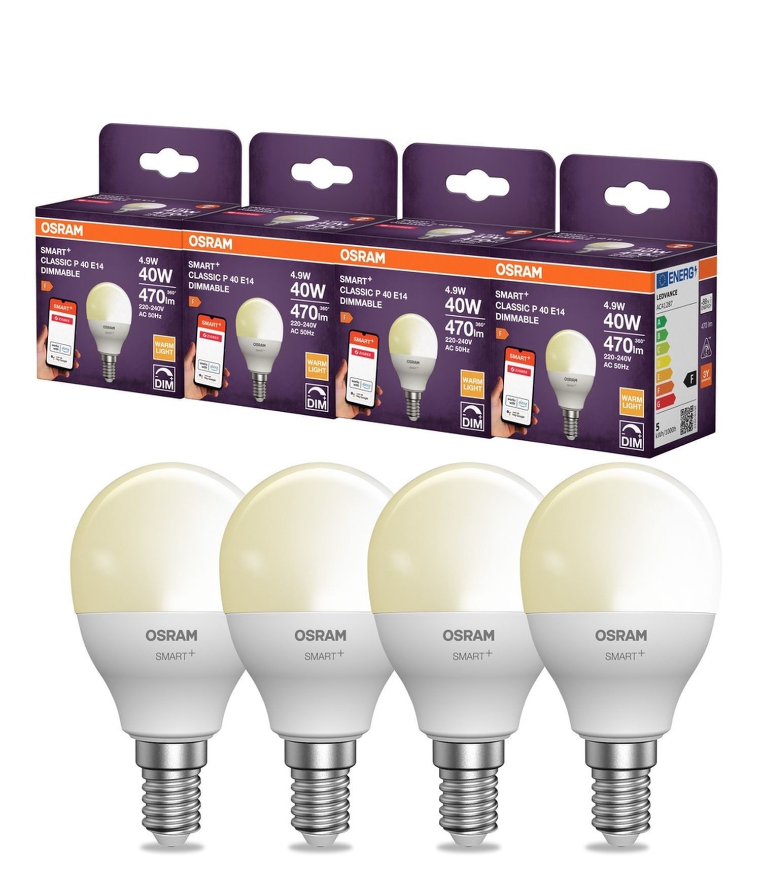 Licht-Erlebnisse LED-Leuchtmittel LAMP, E14, Warmweiß, E14 4er Set 2700 K 470 lm Smart dimmbar via App Weiß Birnenform