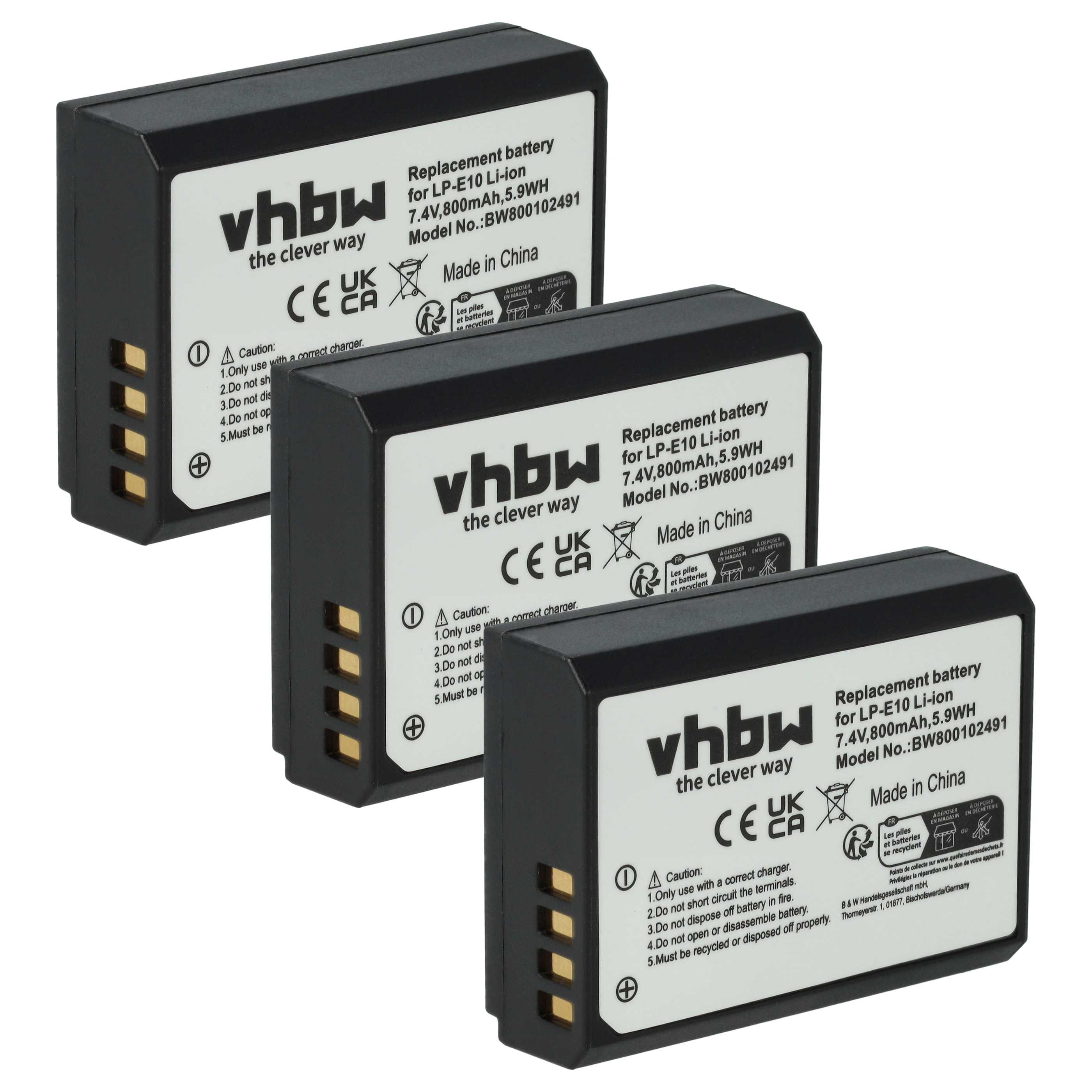 vhbw Akku passend für Canon EOS 1100D, 1D X, 2000D, 1200D, 3000D, 4000D, Kamera-Akku Akku Li-Ion 800 mAh (7,2 V, 3 St), Leistungsfähige Austausch-Akkus für Digitalkamera, Spiegelreflexkamera