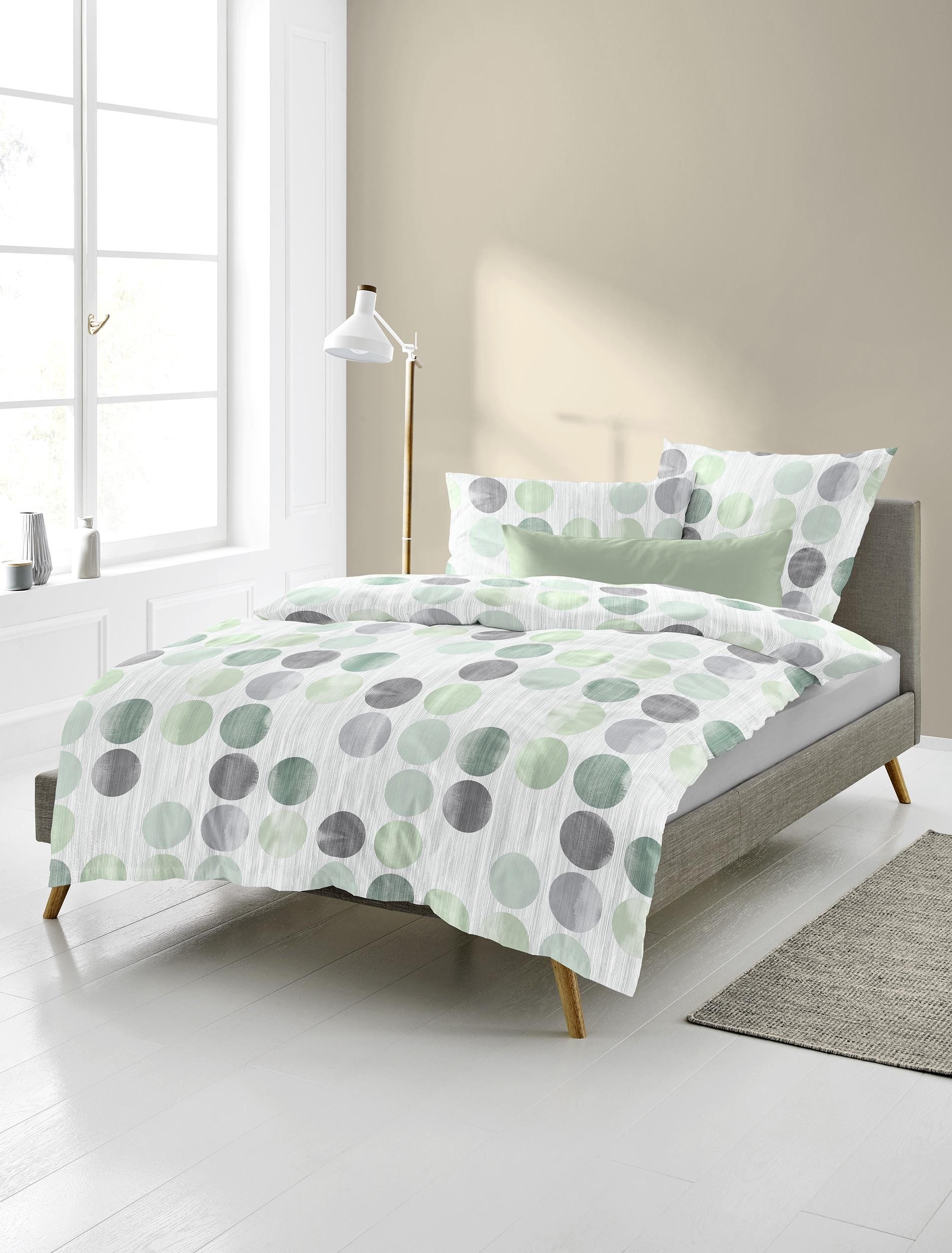 BIERBAUM Bettwäsche Bierbaum Biber Bettwäsche Grün Punkte 135x200 + 80x80 cm, Biber, 2 teilig, Biber Bettwäsche in Grün mit Punkten