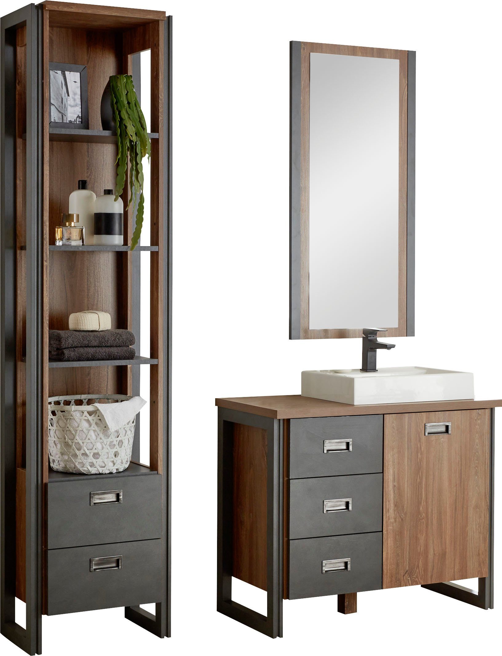 Home affaire Badmöbel-Set Detroit, Bad im Industrialdesign, 3-teiliges Badezimmer, (Set, 3-St), Waschtisch, Regal & Spiegel, inkl. Aufsatzwaschbecken aus Mineralguss