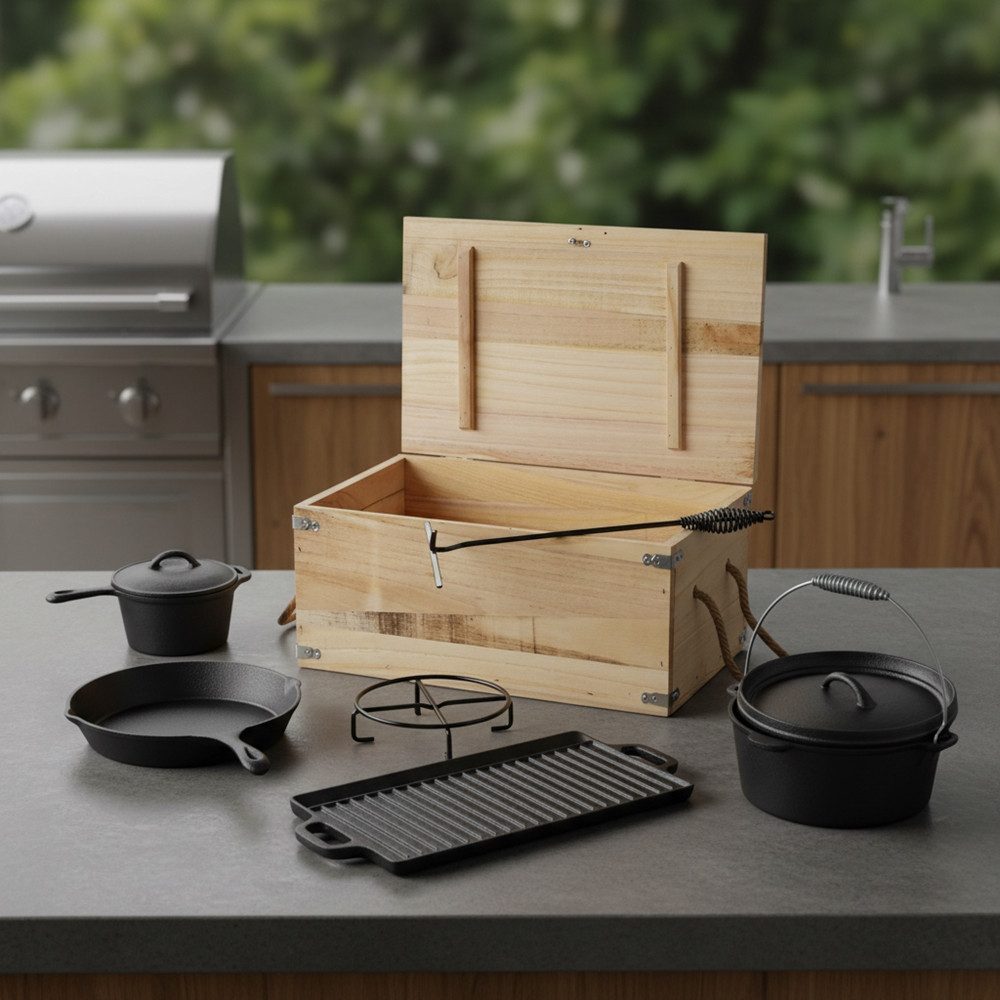 Mucola Feuertopf Dutch Oven Set 7tlg. Outdoorküche Schmortopf Feuertopf BBQ Gusseisen, Gusseisen (Stück, 7-tlg., Premium-Set), Deckelheber