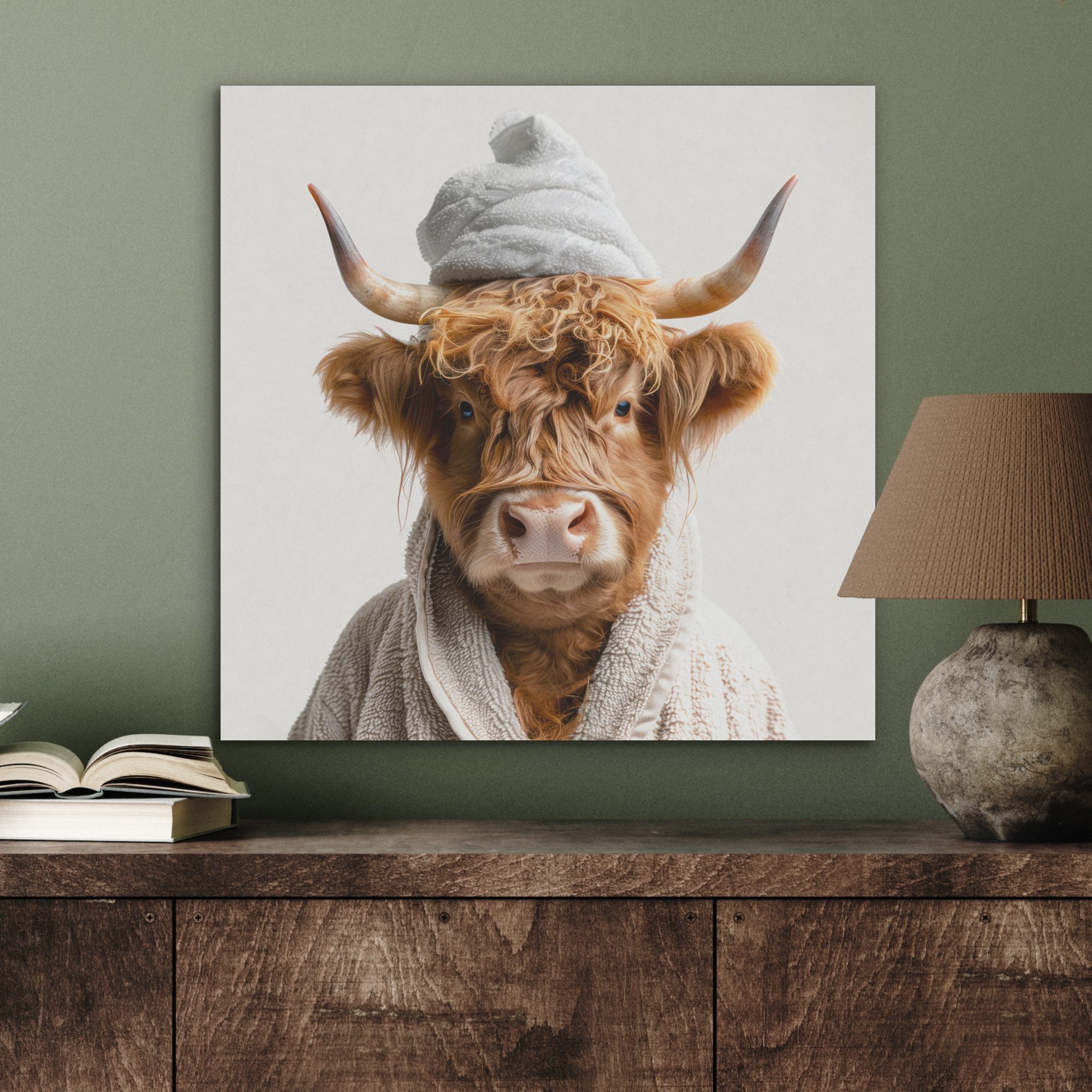 MuchoWow Gemälde Schottischer Highlander - Bademantel - Kuh - Tiere, Fotodruck (1 St), Akustikpaneele, Wandpaneele, Schalldämmung, Akustikbilder 60x60 cm