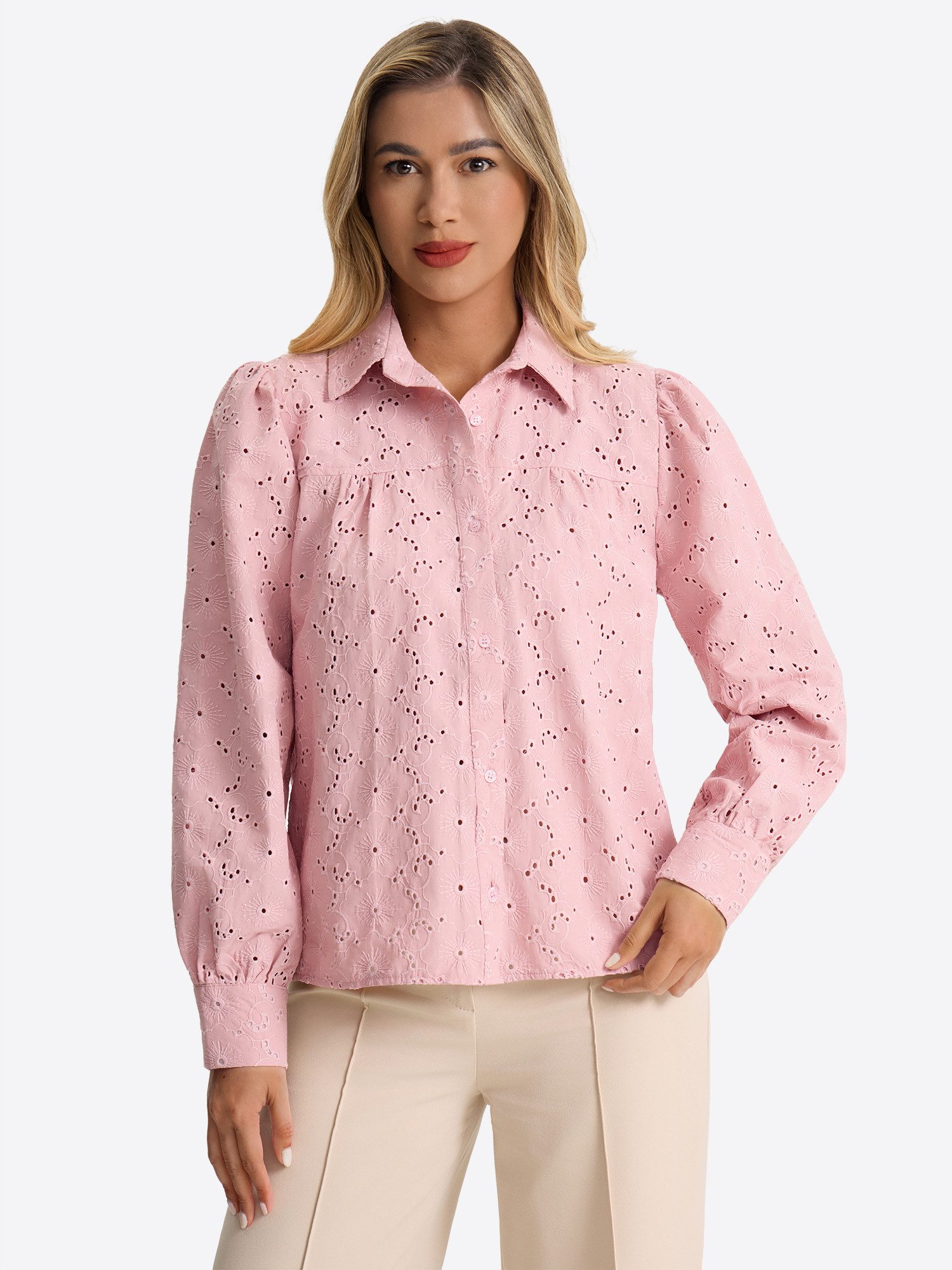 Imily Bela Blusentop Damen Langarm Bluse mit Lochstickerei und Puffärmeln (Packung, 1-tlg., 1per-Pack) in Unifarbe