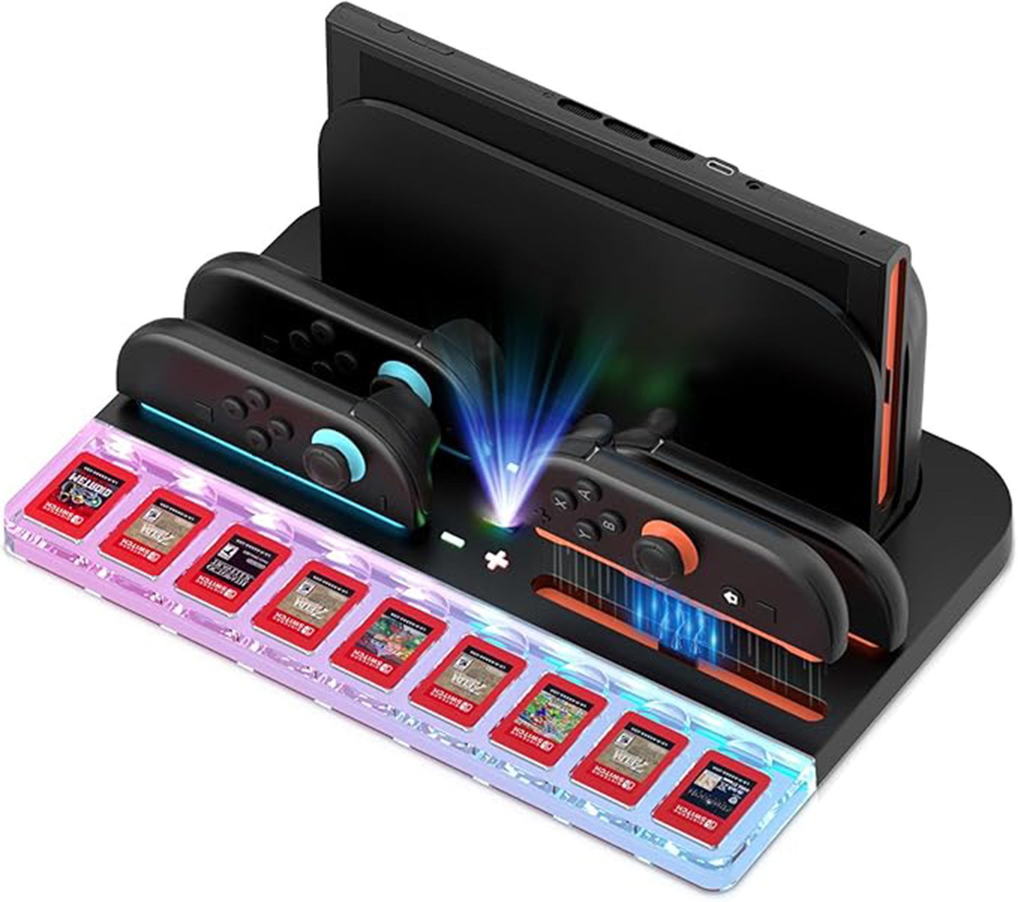 Fyrove Controller Ladestation, praktisches Ladegerät für Spielcontroller Simulations-Controller (Set, 1 St., 4-fache Joy-Con Ladestation für Switch 2, 9 Spielkartenhalter)
