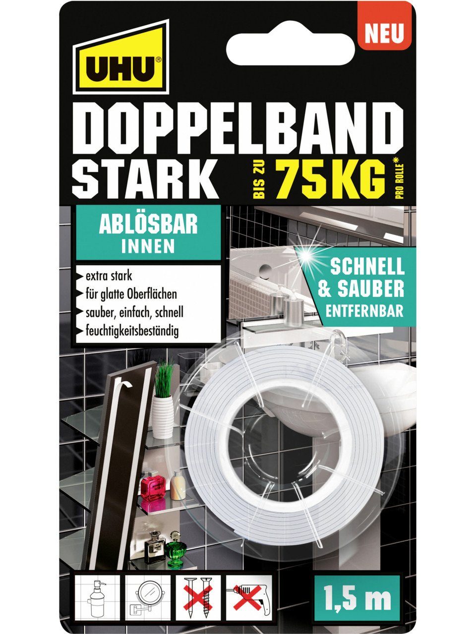 Klebepad UHU Doppelband stark ablösbar 19 mm x 1,5 m