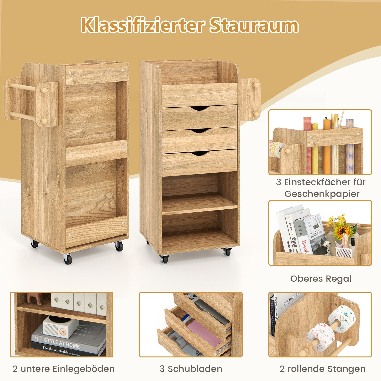 COSTWAY Rollcontainer, mit 3 Schubladen, Fächern Bastelwagen Holz weiß günstig online kaufen