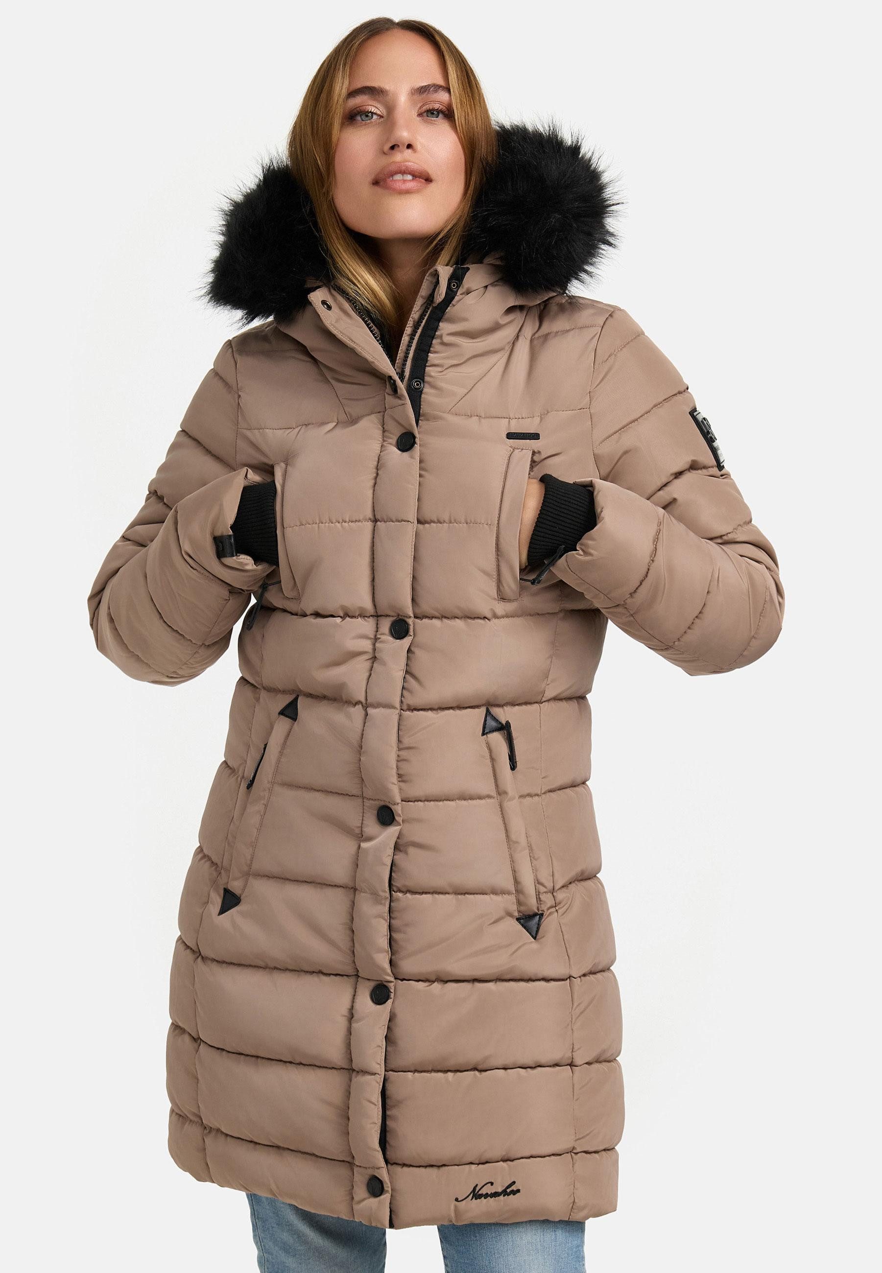 Navahoo Winterjacke Steppjacke lang mit Kapuze – Warm gefüttert Lange Winterjacke mit Teddyfutter und abnehmbarem Kunstfell – Bild 3 von 5