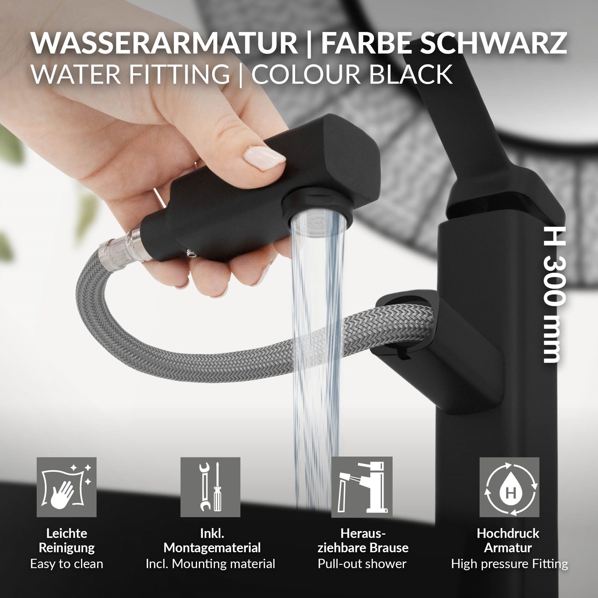 mm 160x50x300 LuxeBath fürs Waschtischarmatur Schwarz Waschtischarmatur matt Badezimmer