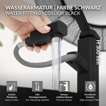 LuxeBath Waschtischarmatur Wasserhahn Mischbatterie Einhebelmischer Armaturen Schwarz matt Messing mit herausziehbarer Brause