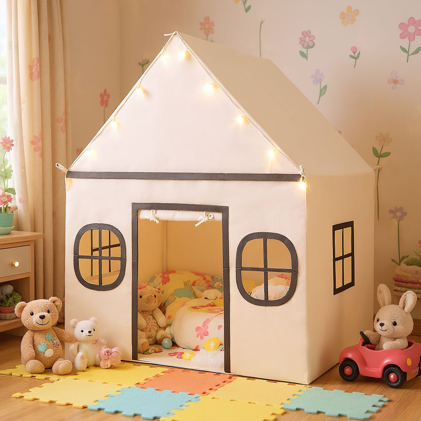 COSTWAY Spielzelt Kinderzimmer, Kinderzelt mit Türvorhang & Sternlichter