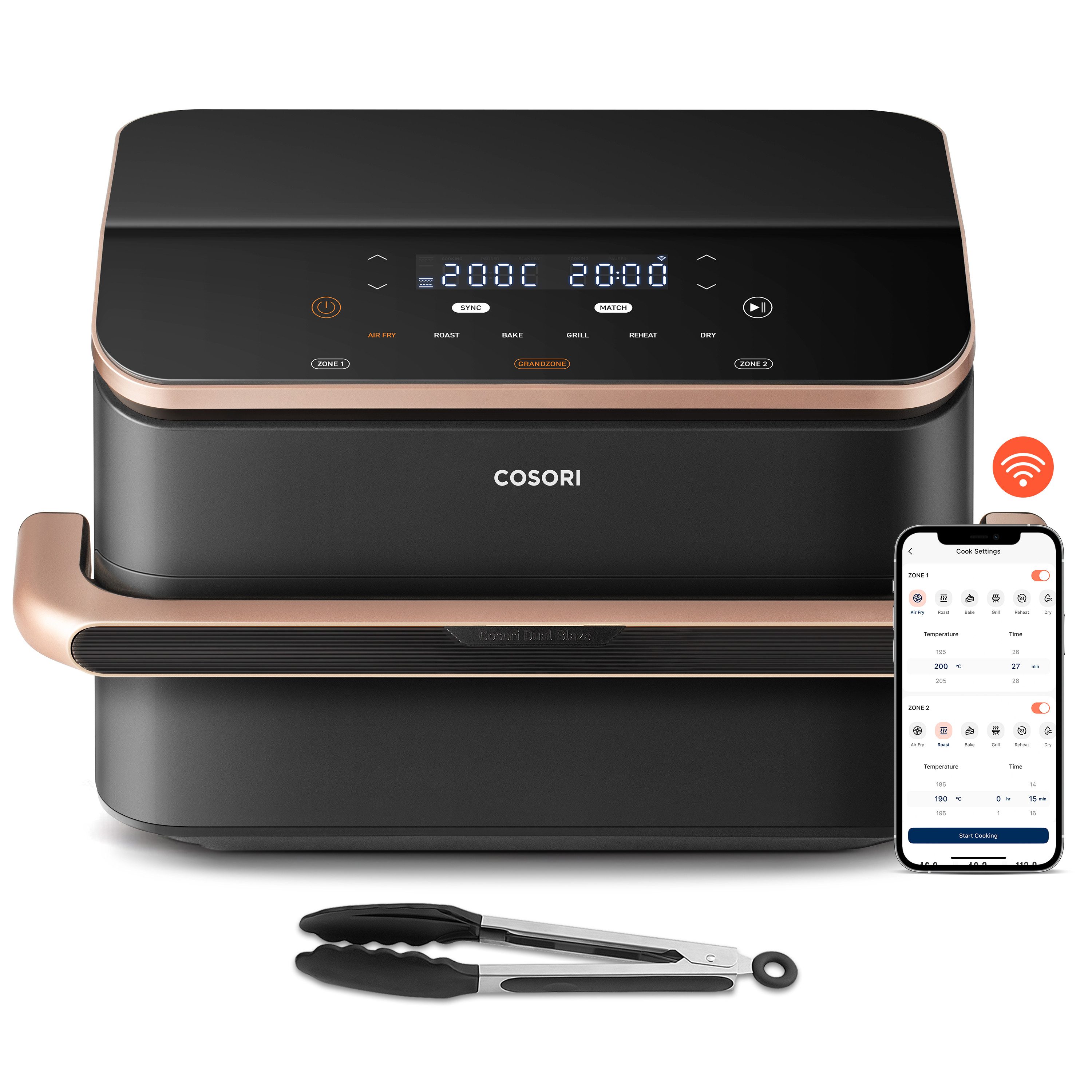 Cosori Heißluftfritteuse DualBlaze TwinFry, 10L Airfryer, 2 Kammern mit herausnehmbarem Trenner, 2800,00 W, 45 Prozent energiesparender, 70 exklusive Online-Rezepte, WiFi, 6-in-1