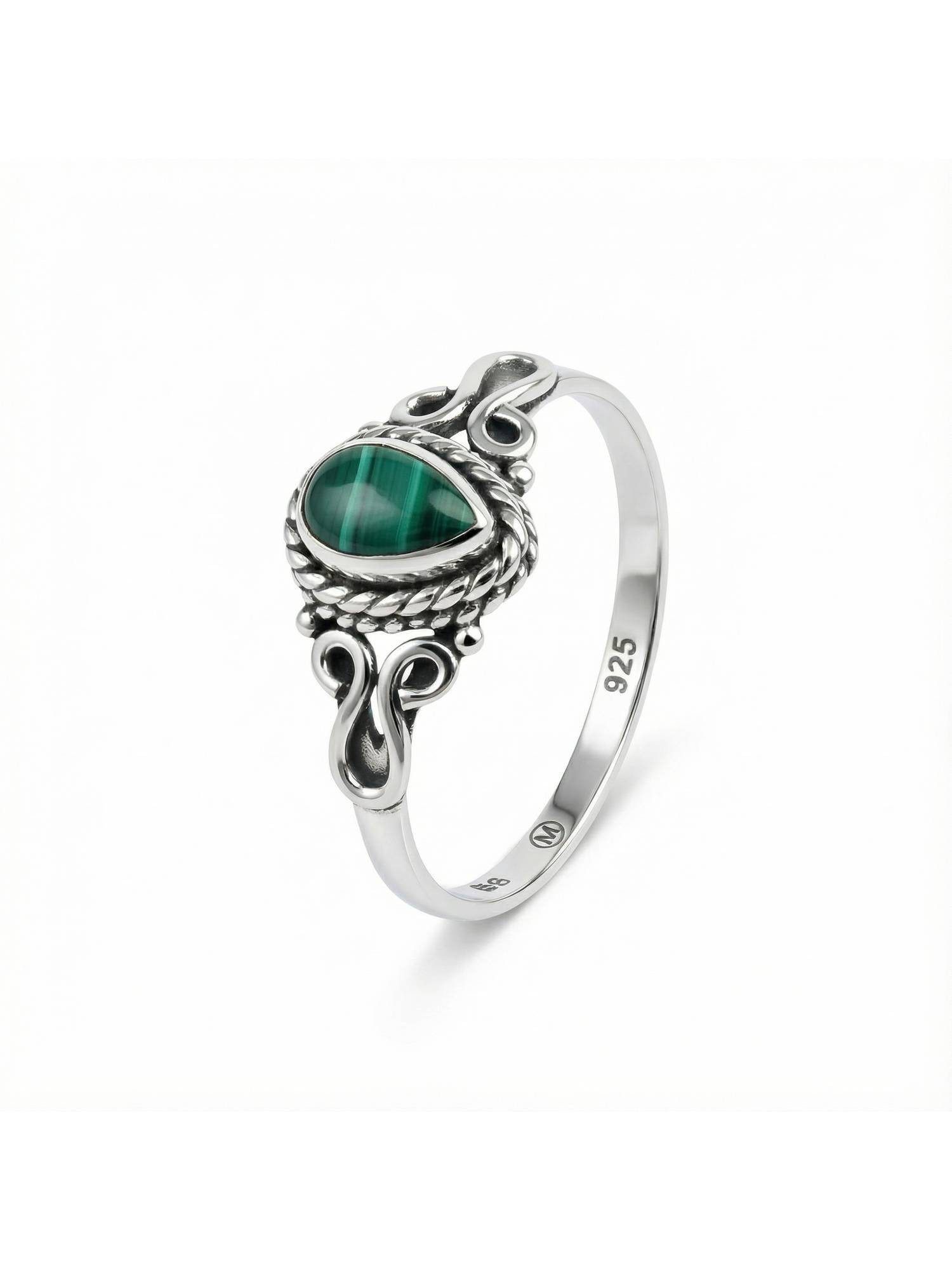 mantraroma Silberring BHAGUS aus 925 Silber mit Malachit (Ring mit Schmuckbeutel), Damenring aus 925er Silber