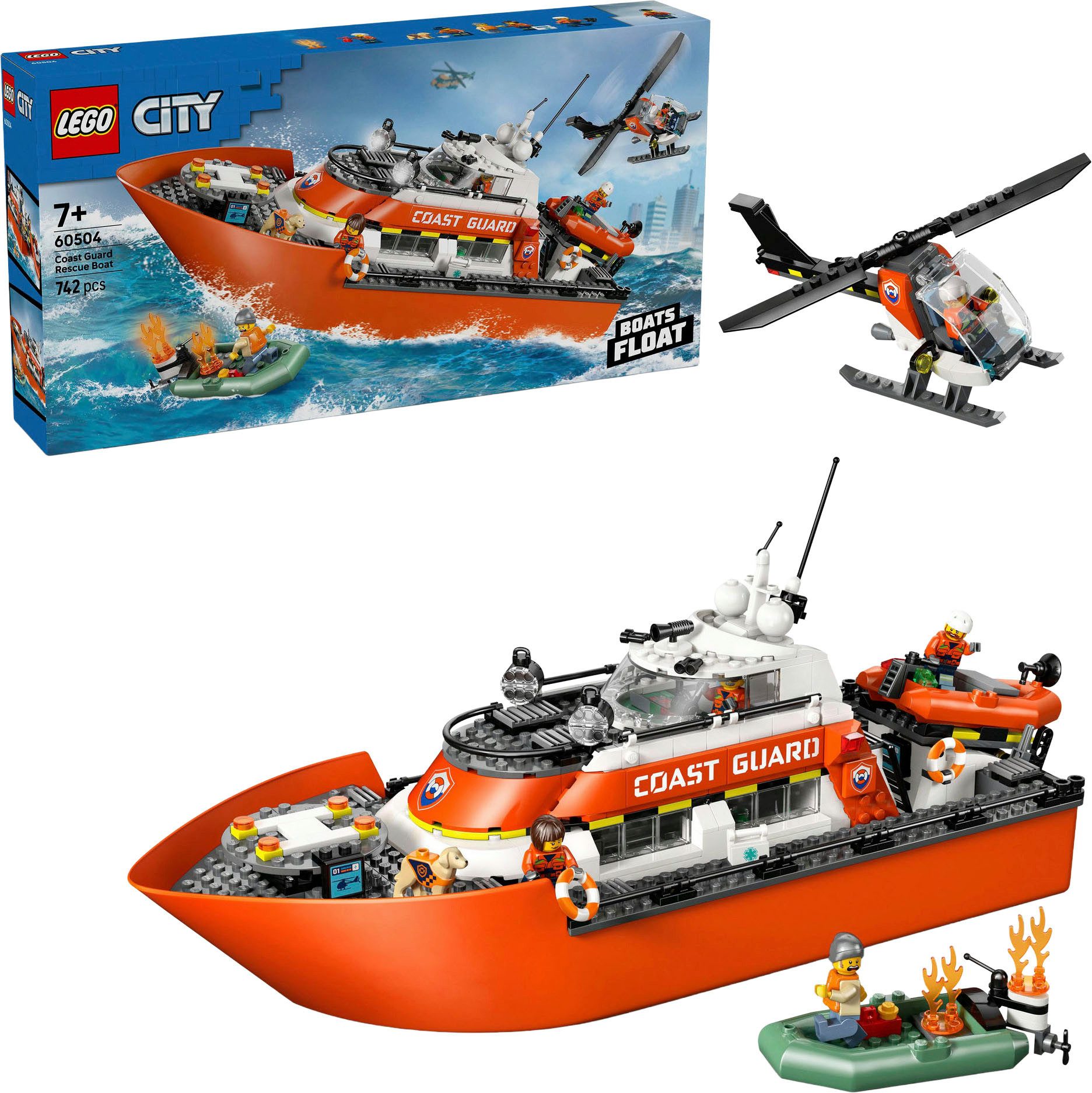 LEGO® Rettungsboot der Küstenwache mit Hubschrauber (60504), LEGO City Konstruktionsspielsteine, (742 St), Made in Europe