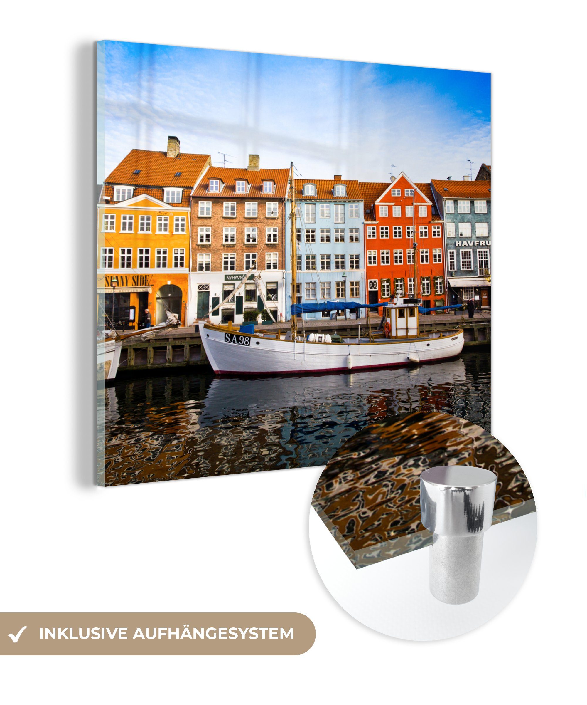 MuchoWow Acrylglasbild Häuser am Wasser in Kopenhagen - Dänemark, (1 St), Glasbilder - Bilder auf Glas Wandbild - Foto auf Glas - Wanddekoration