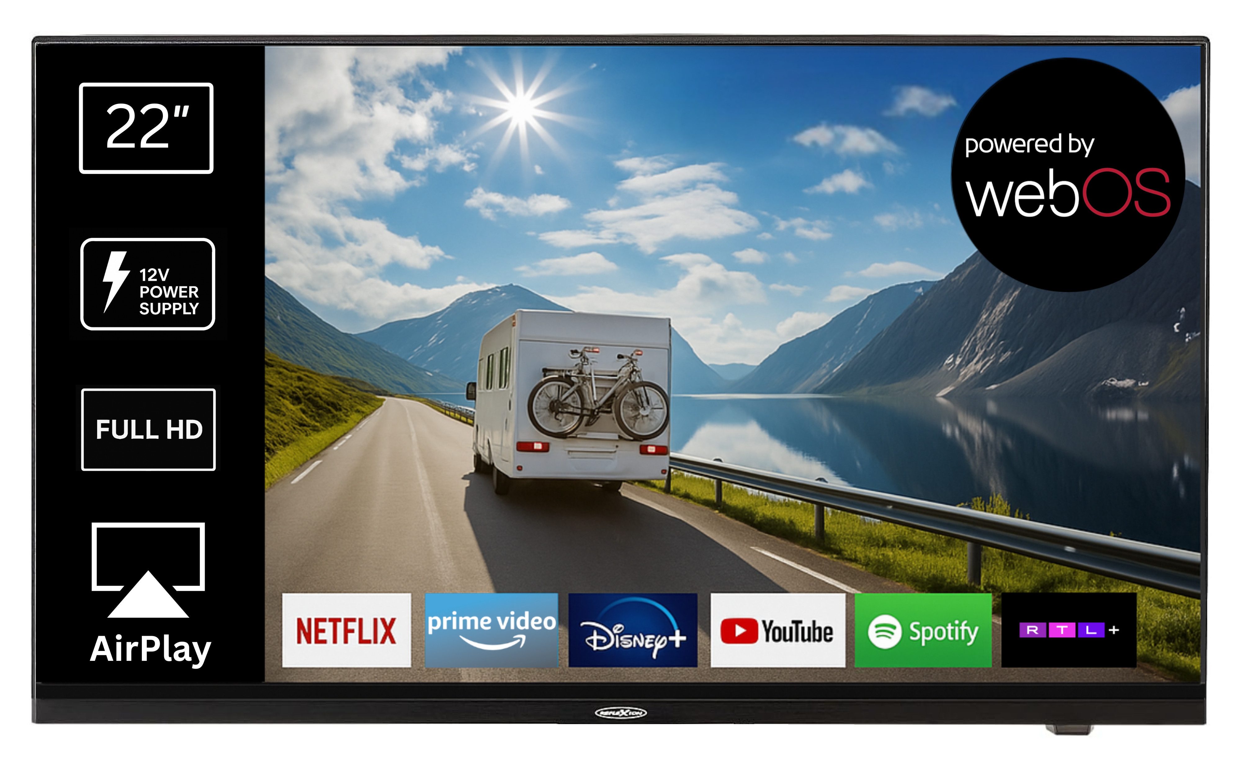 Reflexion LDDX22IBT BLACK LED-Fernseher (55 cm/22 Zoll, Full HD, Smart-TV, powered by webOS Hub (LG), DC IN 12 Volt / 24 Volt, Netzteil 230 Volt integrierter DVD-Player)