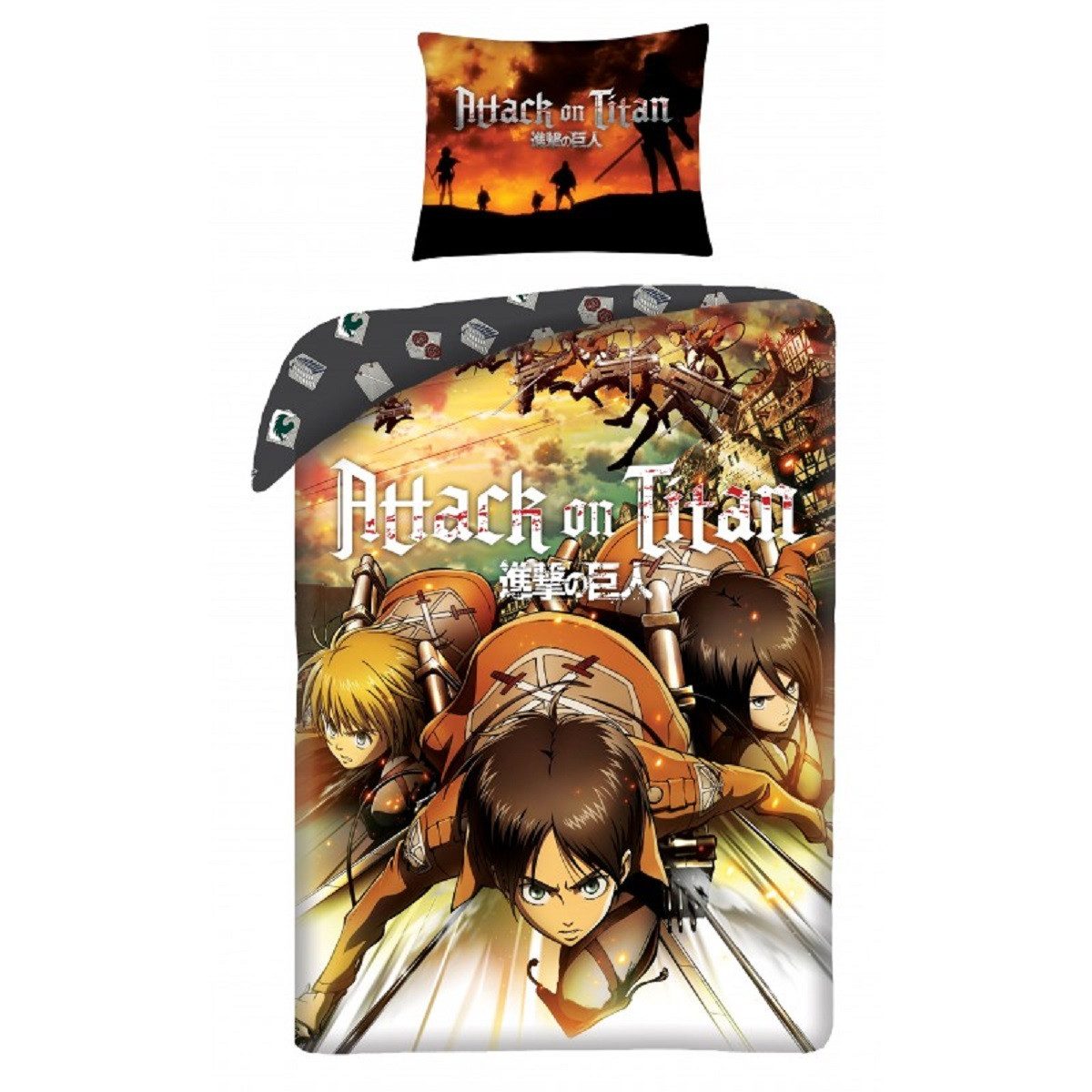 Attack on Titan Bettwäsche Set Baumwolle Bettdeckenbezug 140 × 200 cm mit 70 × 90 cm Kissenbezug, 2 teilig