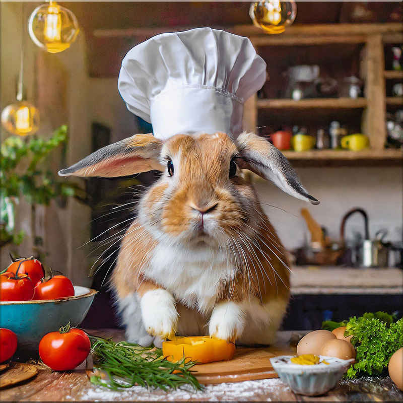 artissimo Glasbild Glasbild 30x30cm Bild Küche Küchenbild Esszimmer-Bild lustig witzig, Essen und Trinken: Lustiges Kaninchen