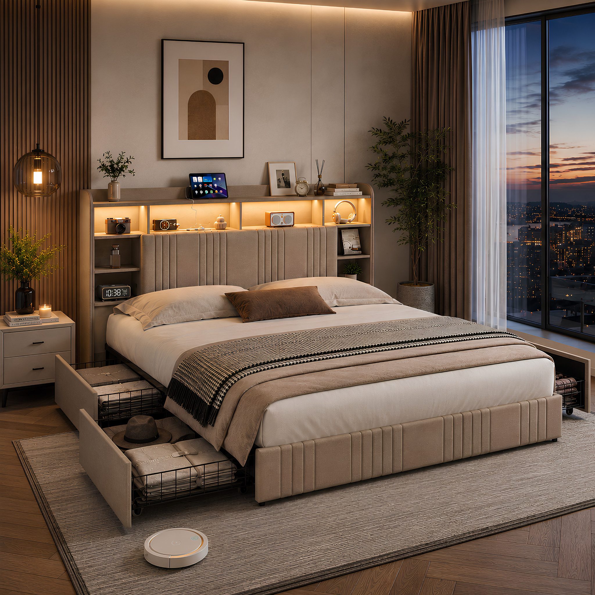 Simurq Polsterbett Stauraumbett 140x200 cm, 4 Schubladen, LED, USB-C