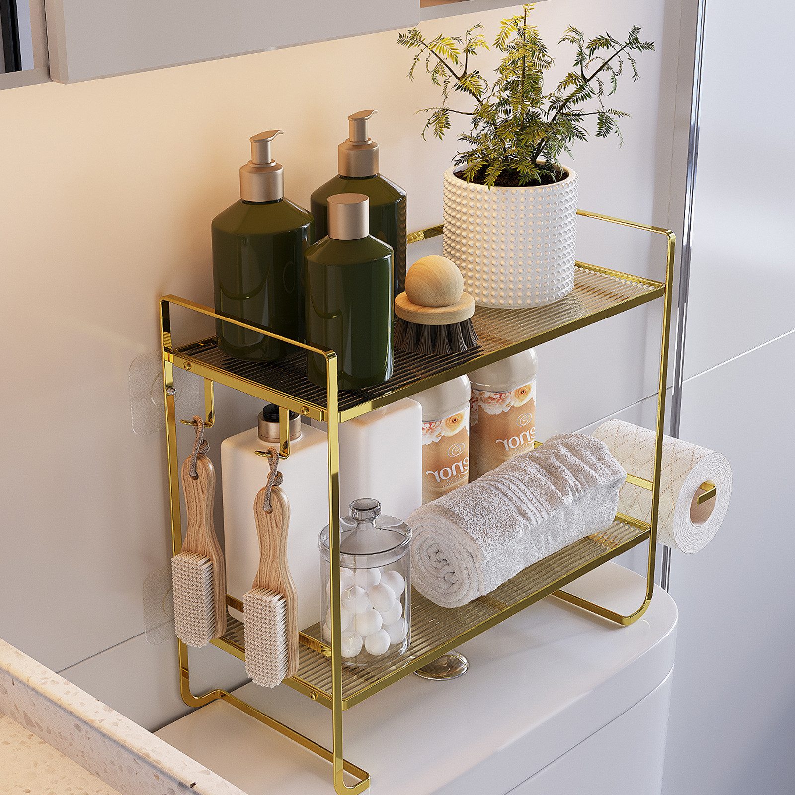 GarveeMore Badregal Neu Über der Toilette Lagerung Regal, 2-Tier Bad Lagerung Organizer, Mit Papierhalter und 2 Haken platzsparendes Metallregal zur Aufbewahru