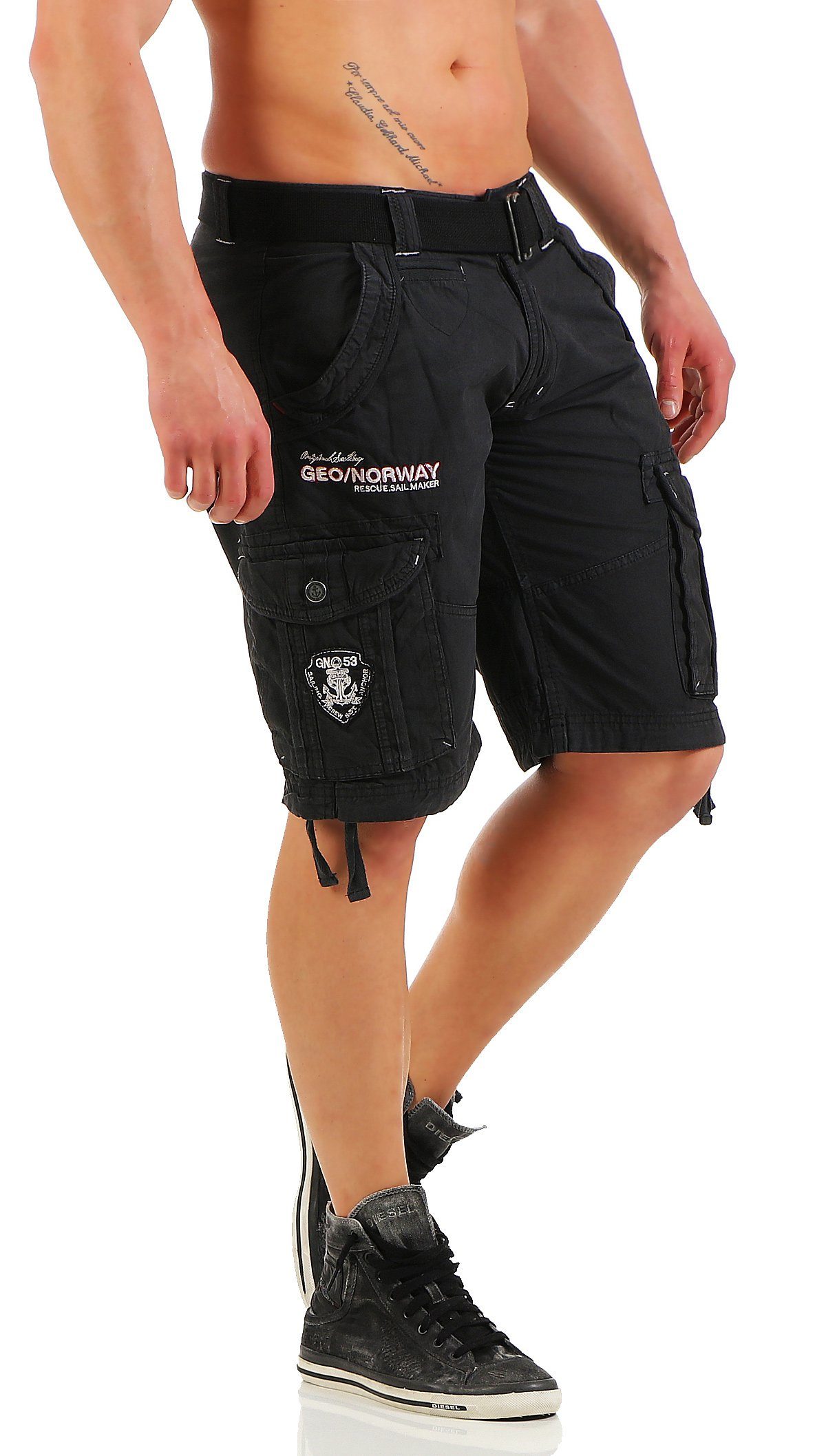 Norway Schwarz Norway (mit Shorts POUDRE Hose, kurze abnehmbarem Cargoshorts Gürtel) Geographical Geographical unifarben Shorts, Herren