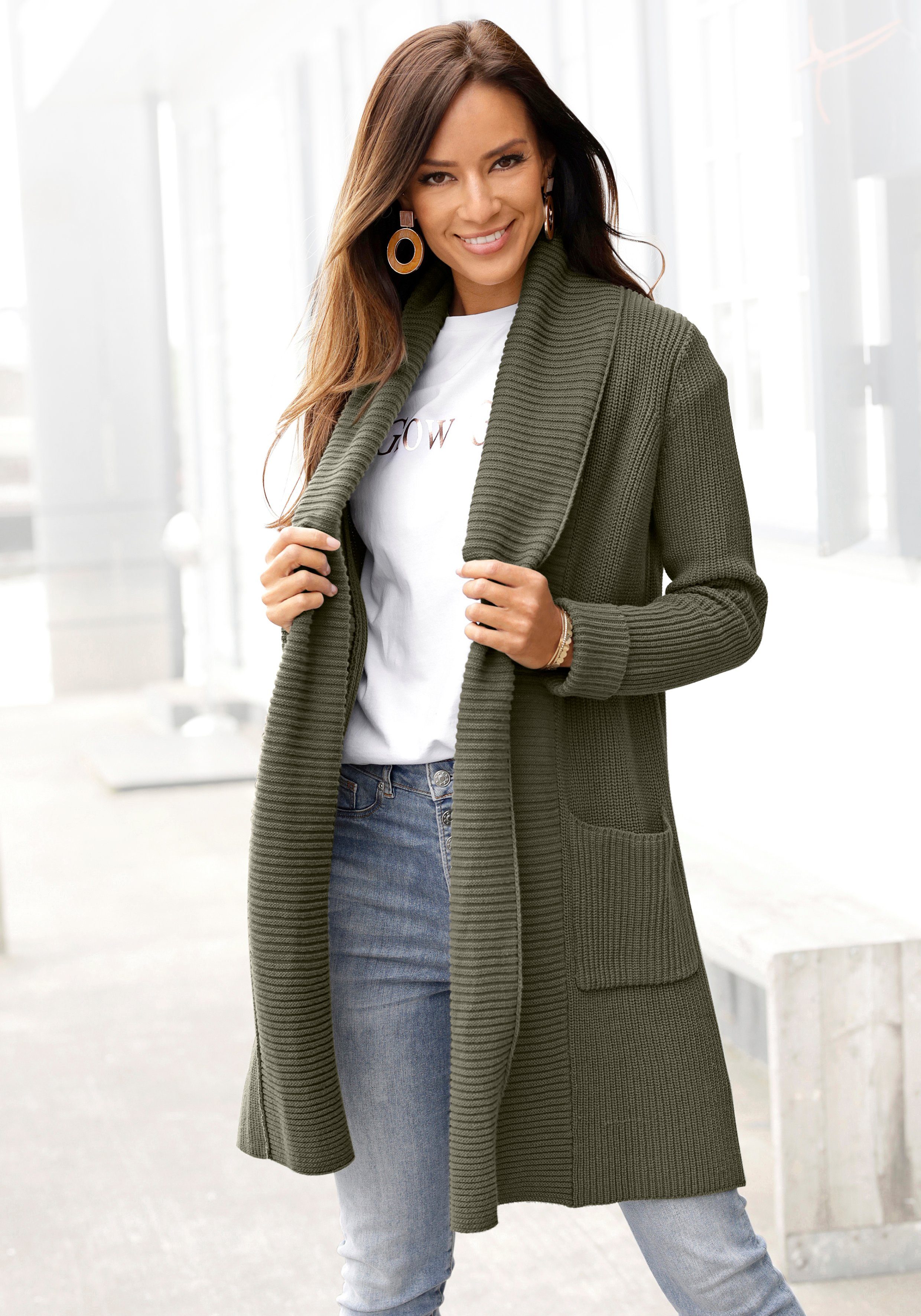 LASCANA Longstrickjacke mit Schalkragen